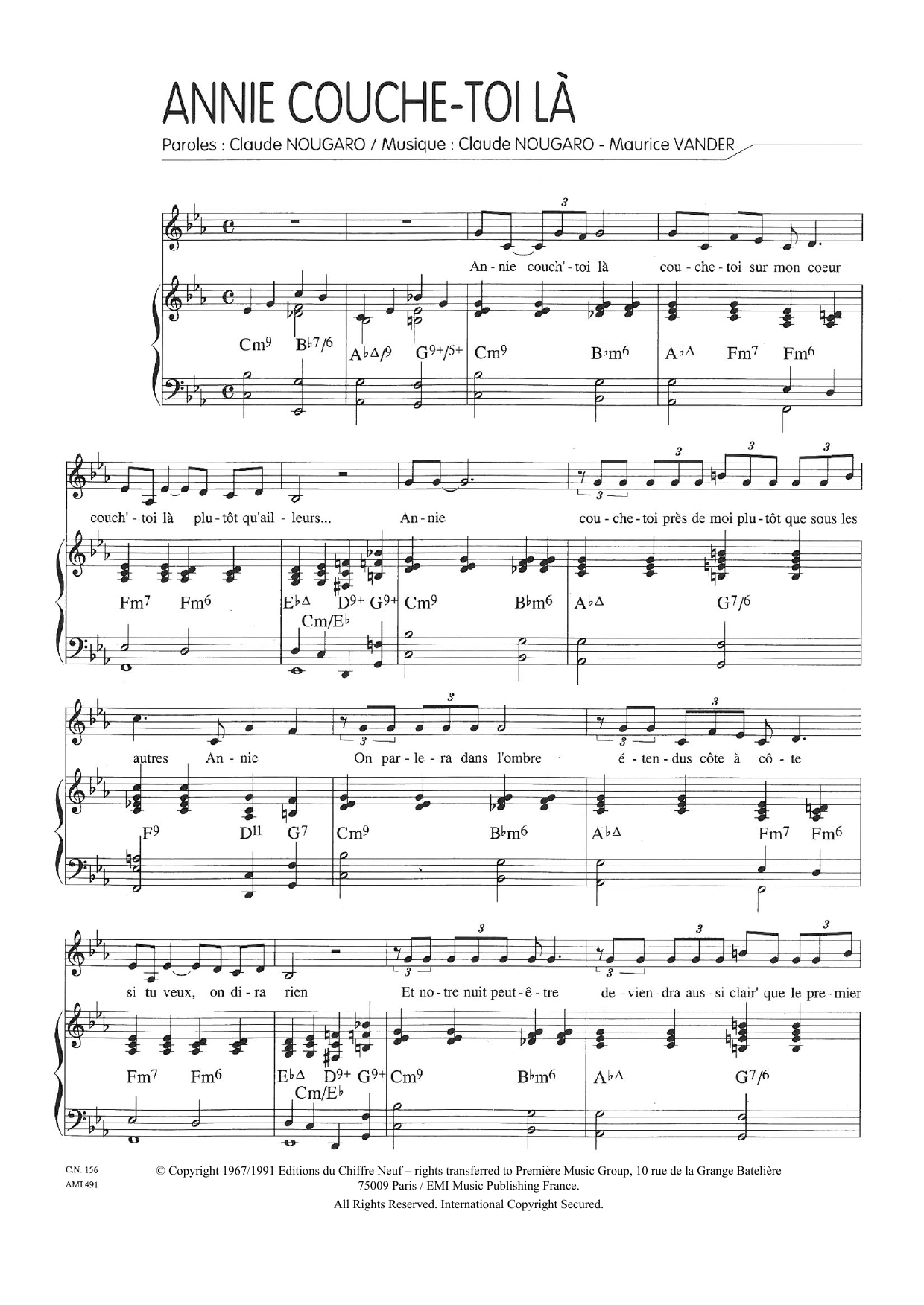 Claude Nougaro Annie Couche-Toi La Sheet Music Notes & Chords for Piano & Vocal - Download or Print PDF