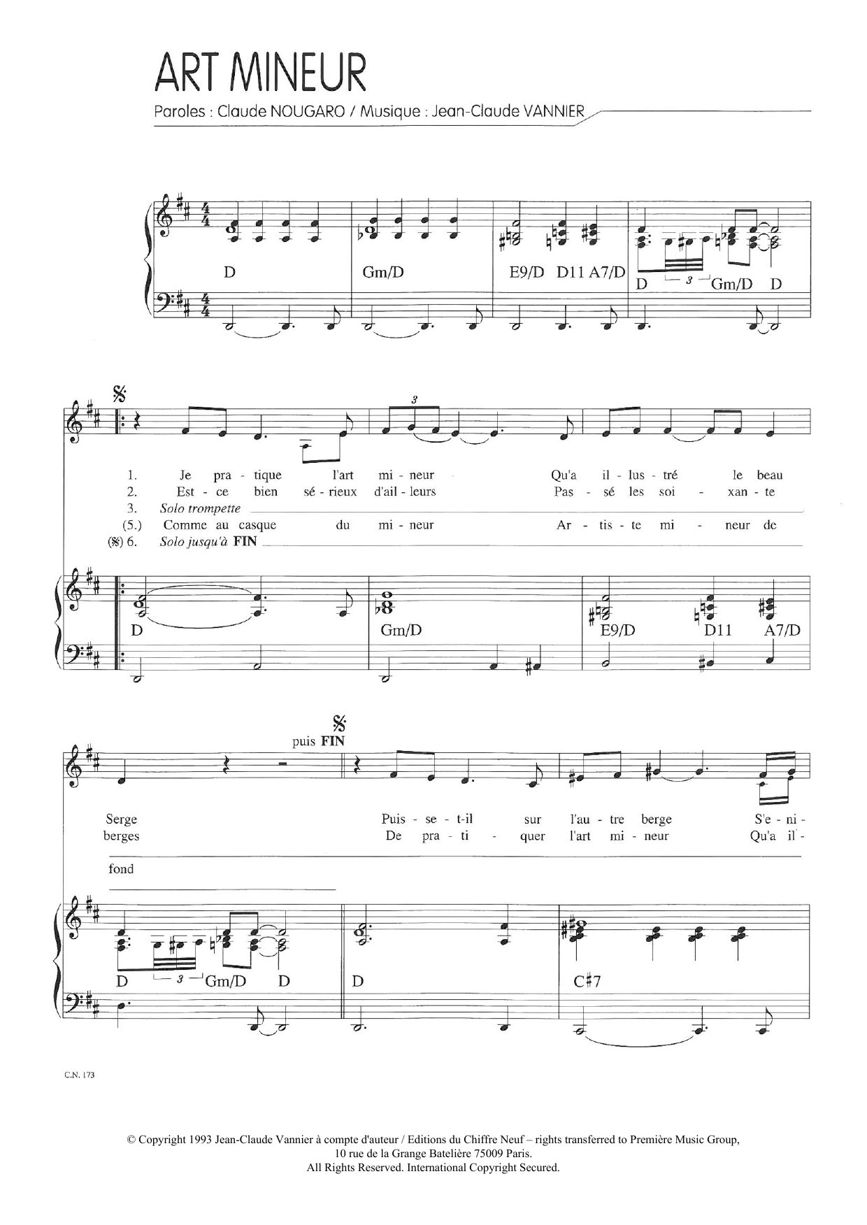 Claude Nougaro Art Mineur Sheet Music Notes & Chords for Piano & Vocal - Download or Print PDF