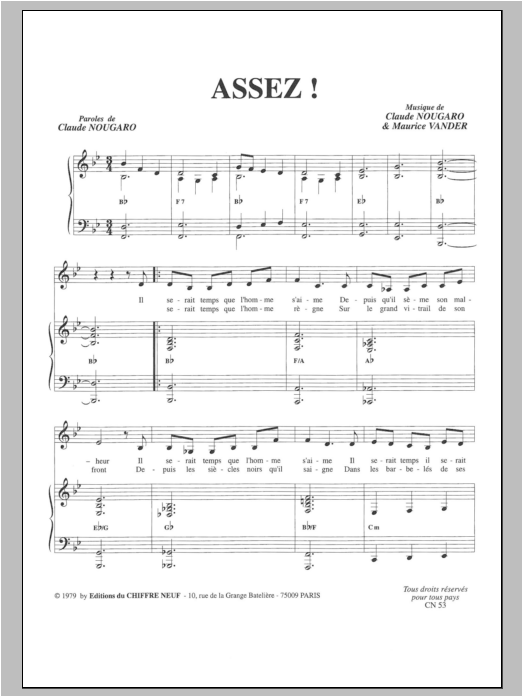 Claude Nougaro Assez Sheet Music Notes & Chords for Piano & Vocal - Download or Print PDF