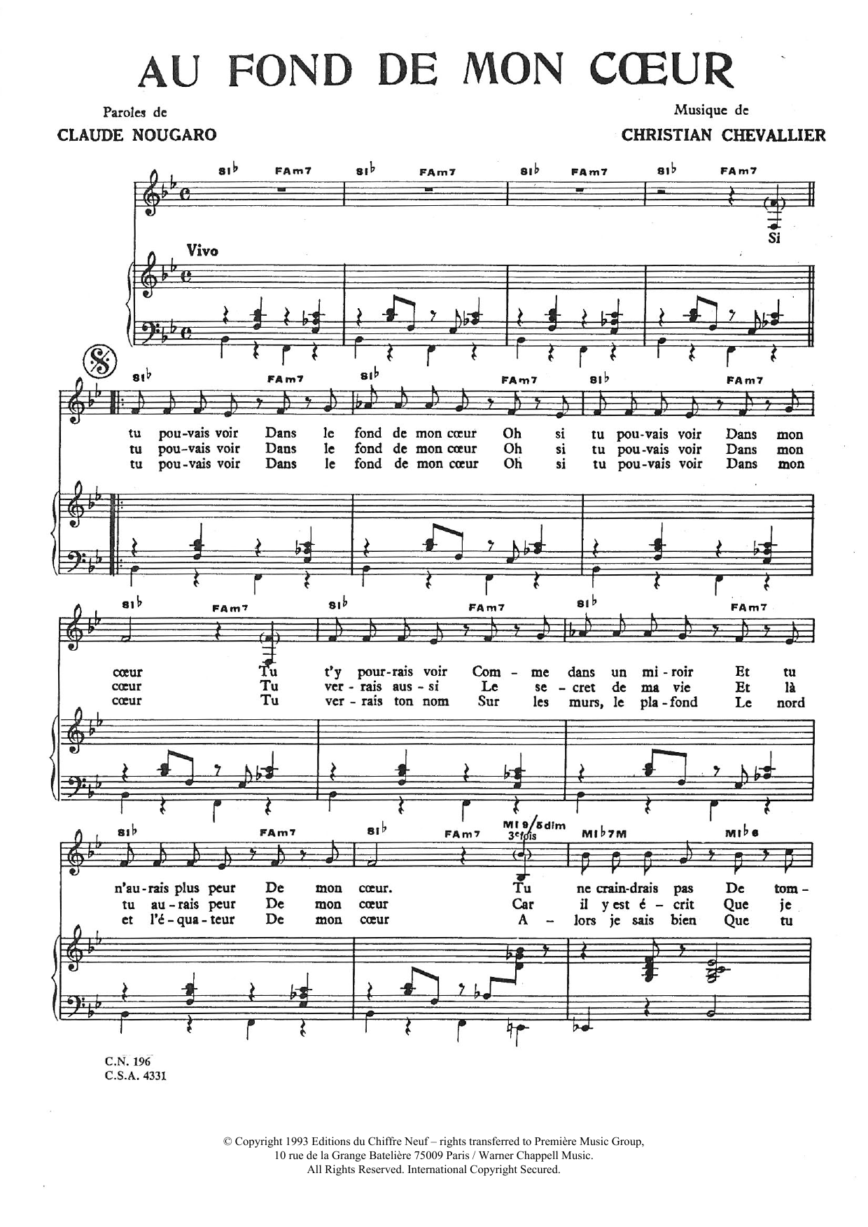 Claude Nougaro Au Fond De Mon Coeur Sheet Music Notes & Chords for Piano & Vocal - Download or Print PDF