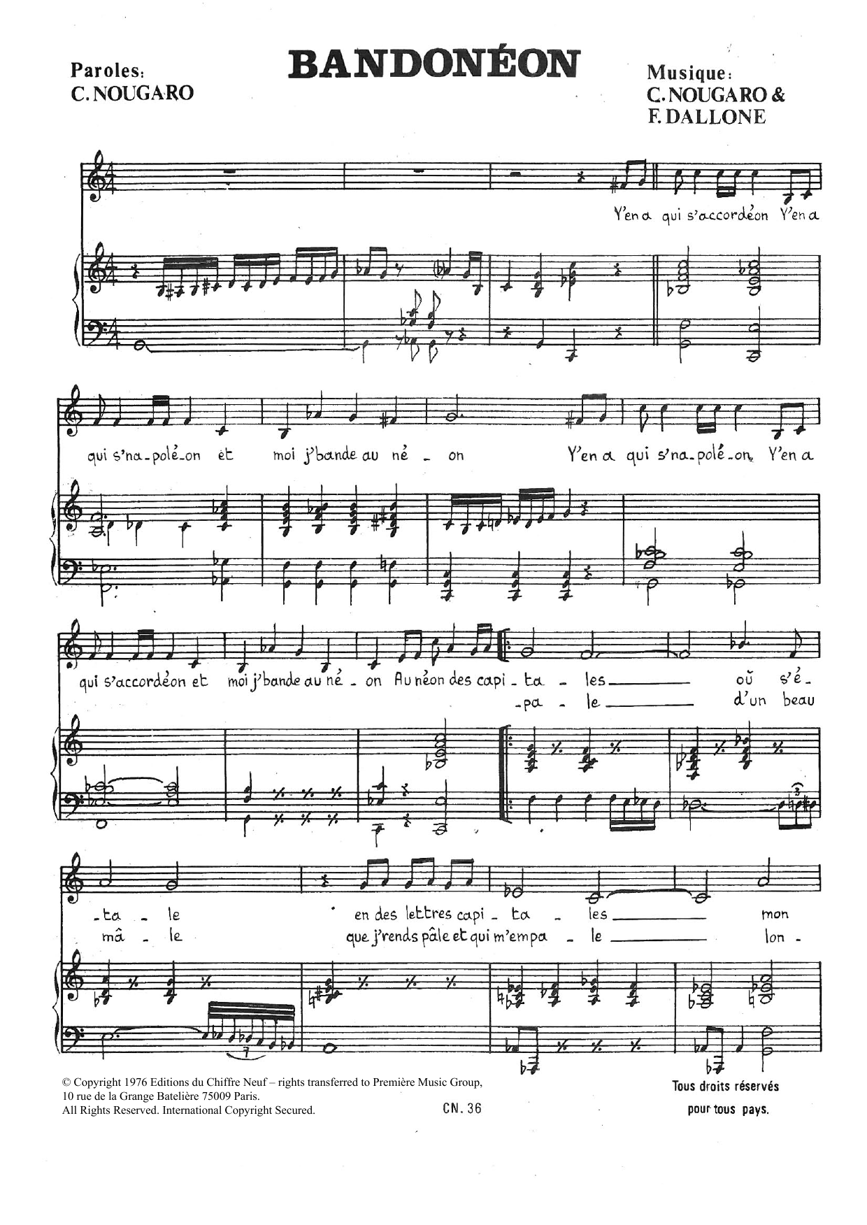 Claude Nougaro Bandoneon Sheet Music Notes & Chords for Piano & Vocal - Download or Print PDF
