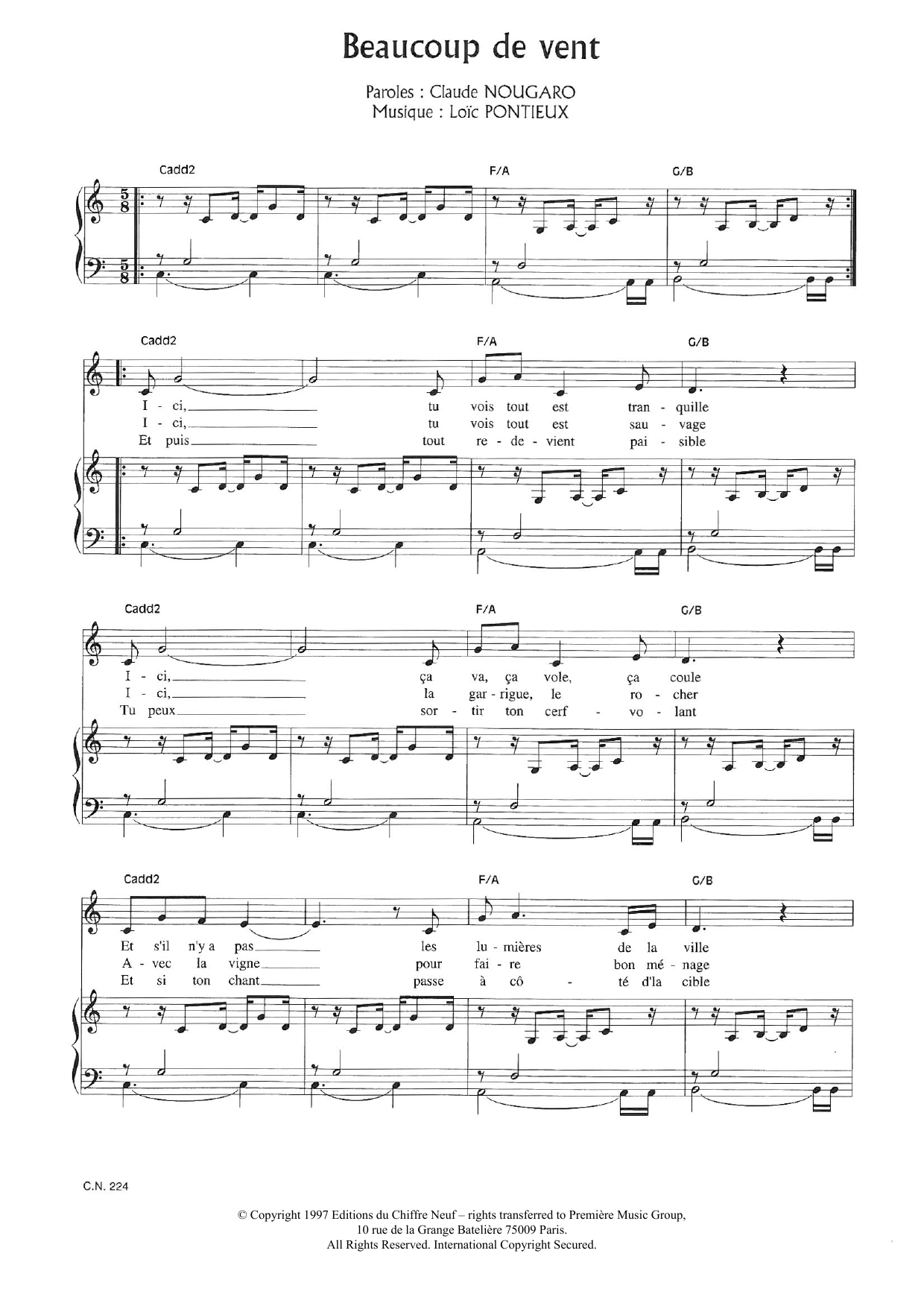 Claude Nougaro Beaucoup De Vent Sheet Music Notes & Chords for Piano & Vocal - Download or Print PDF