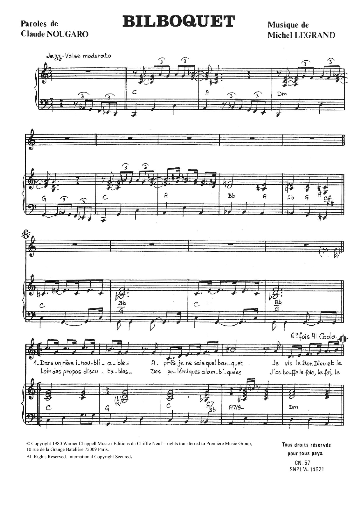 Claude Nougaro Bilboquet Sheet Music Notes & Chords for Piano & Vocal - Download or Print PDF