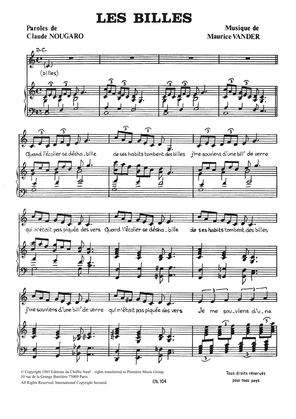 Claude Nougaro Billes Sheet Music Notes & Chords for Piano & Vocal - Download or Print PDF