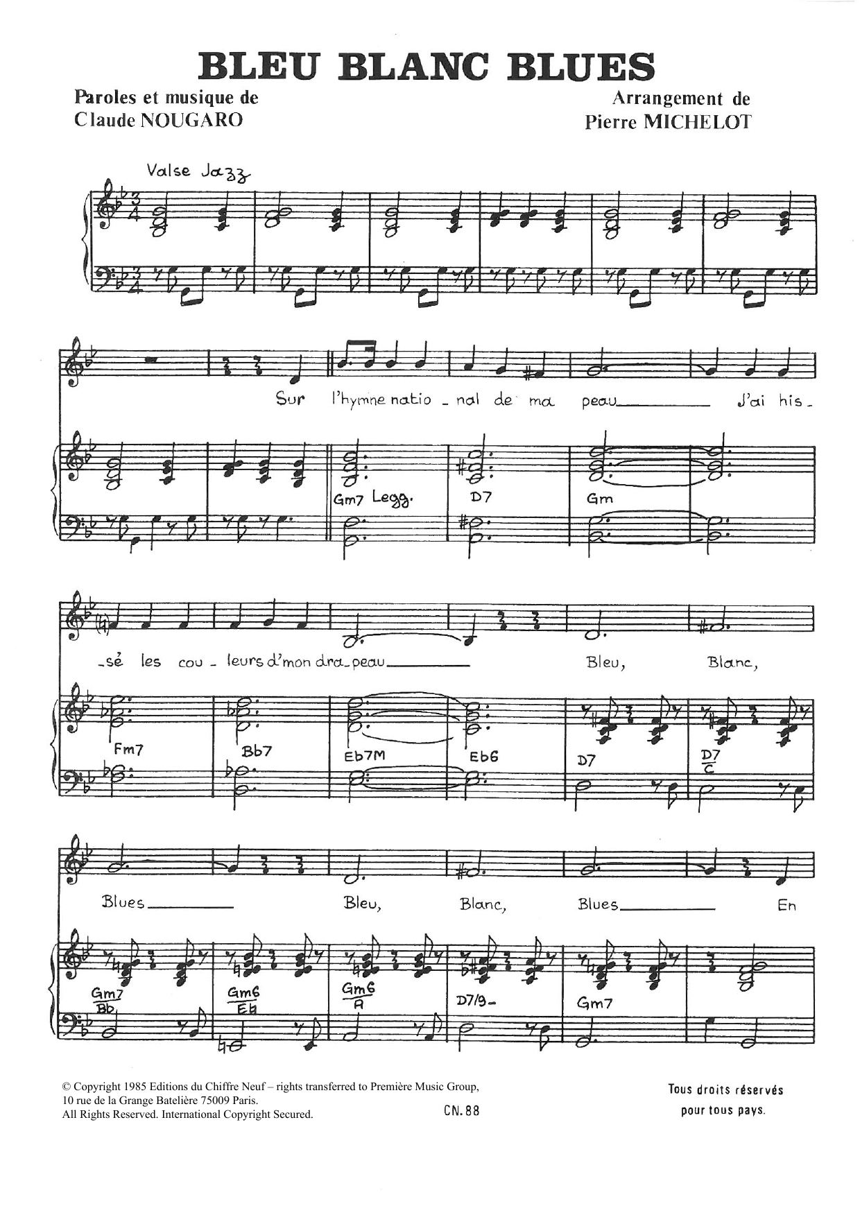 Claude Nougaro Bleu Blanc Blues Sheet Music Notes & Chords for Piano & Vocal - Download or Print PDF