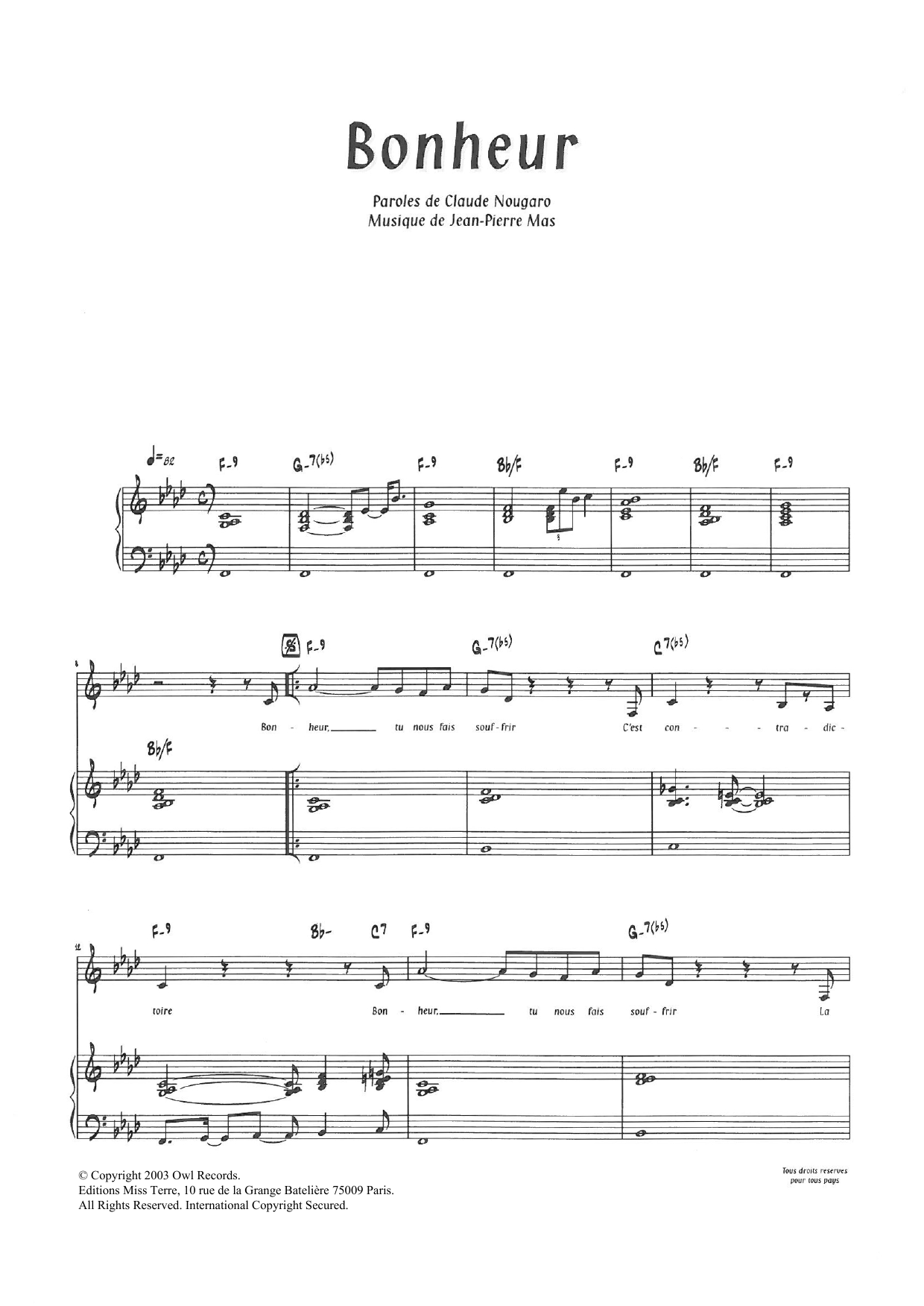 Claude Nougaro Bonheur Sheet Music Notes & Chords for Piano & Vocal - Download or Print PDF