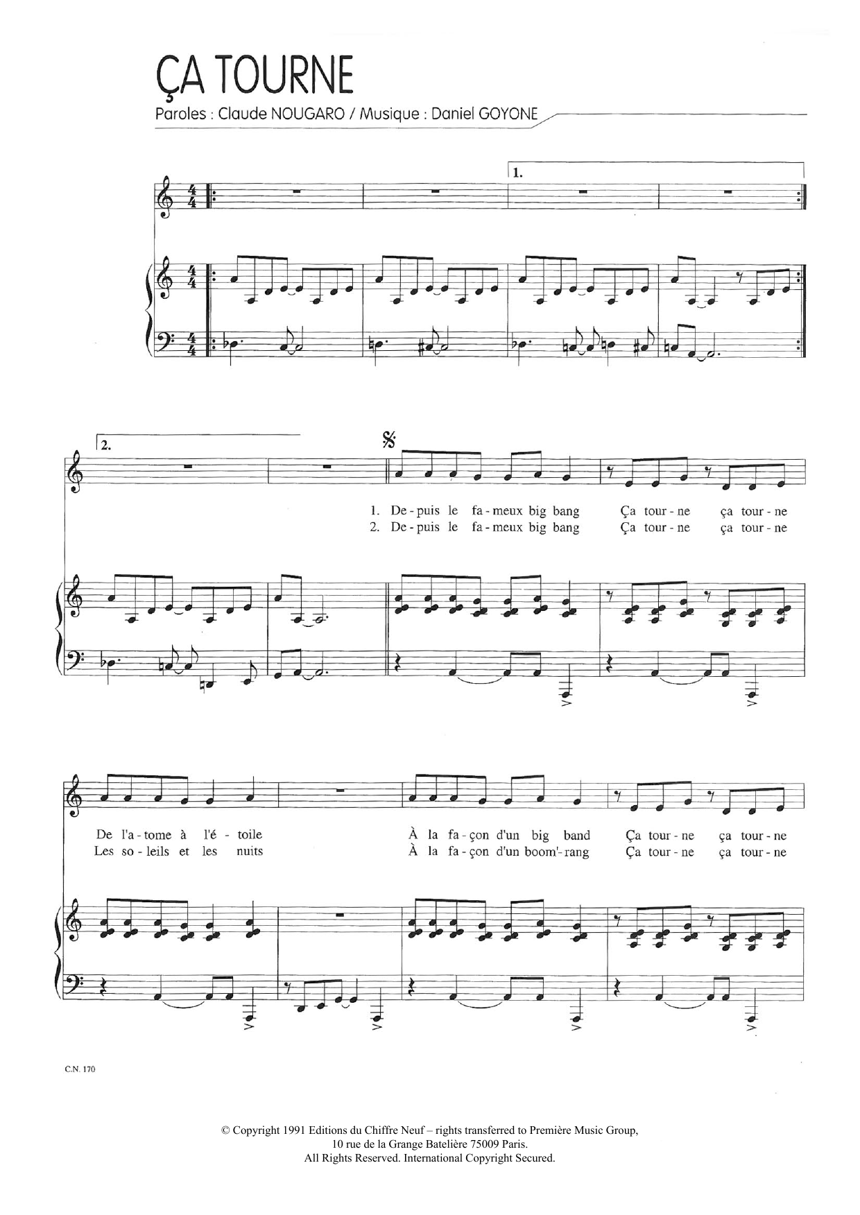 Claude Nougaro Ca Tourne Sheet Music Notes & Chords for Piano & Vocal - Download or Print PDF