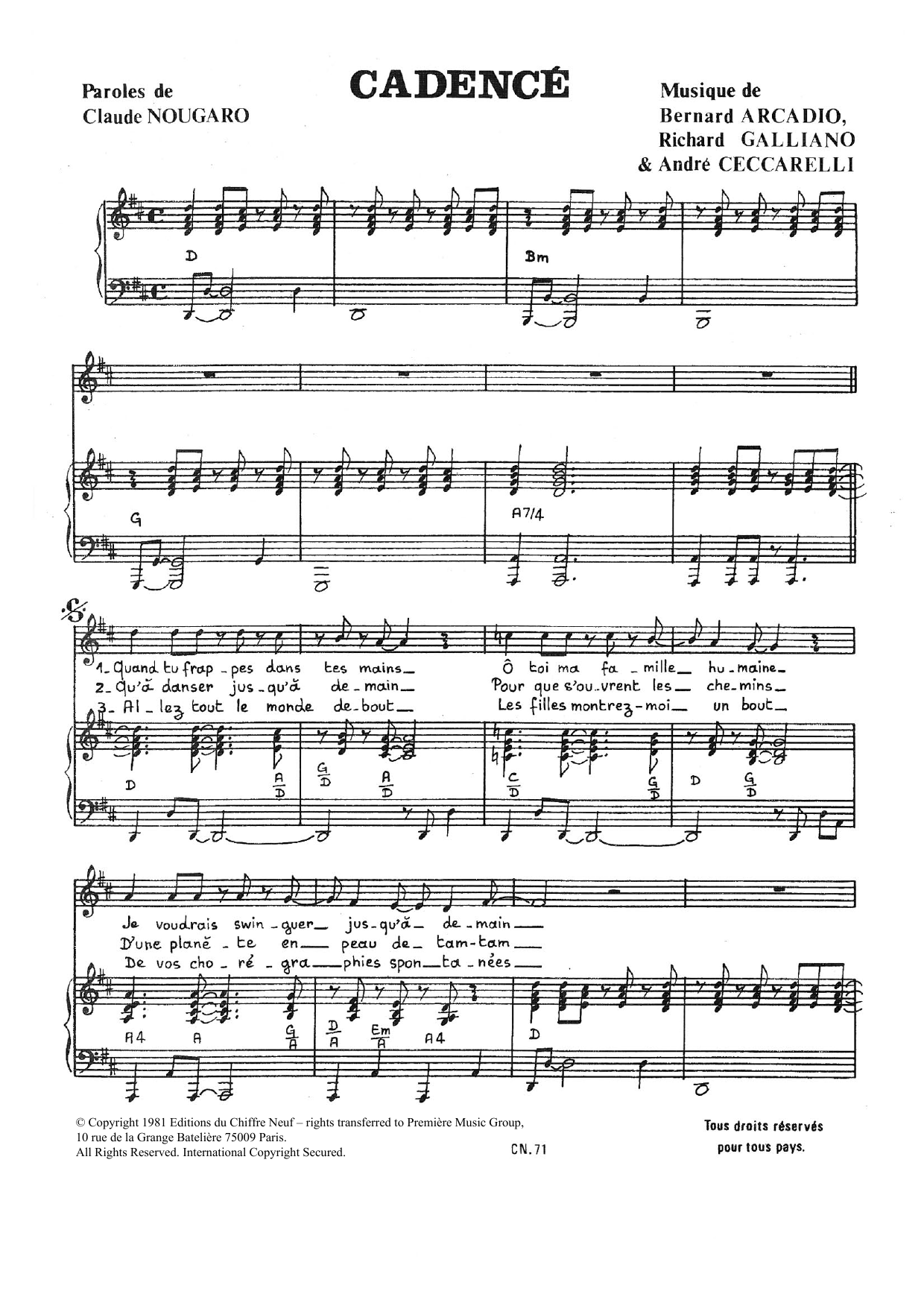 Claude Nougaro Cadence Sheet Music Notes & Chords for Piano & Vocal - Download or Print PDF