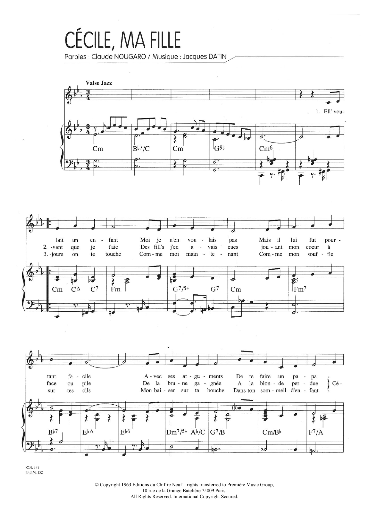 Claude Nougaro Cecile Ma Fille Sheet Music Notes & Chords for Piano & Vocal - Download or Print PDF