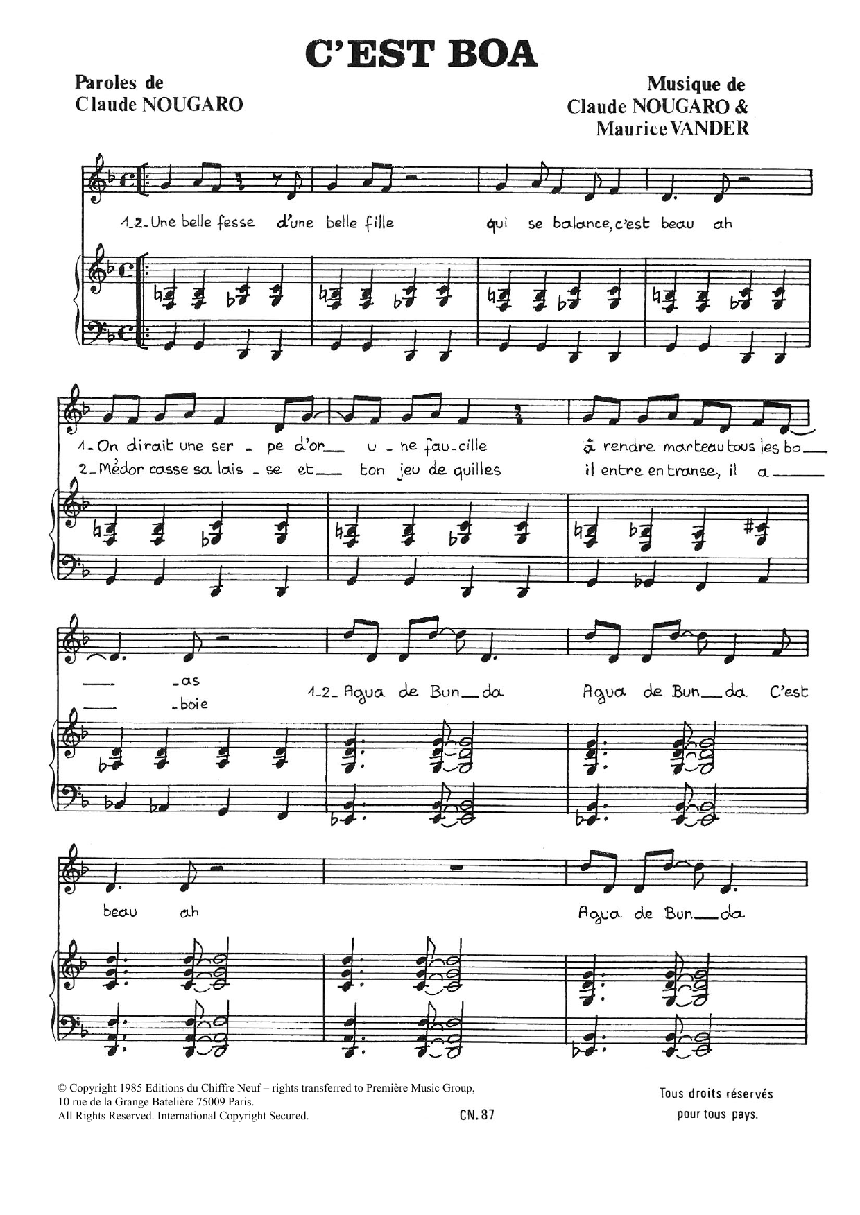 Claude Nougaro C'est Boa Sheet Music Notes & Chords for Piano & Vocal - Download or Print PDF