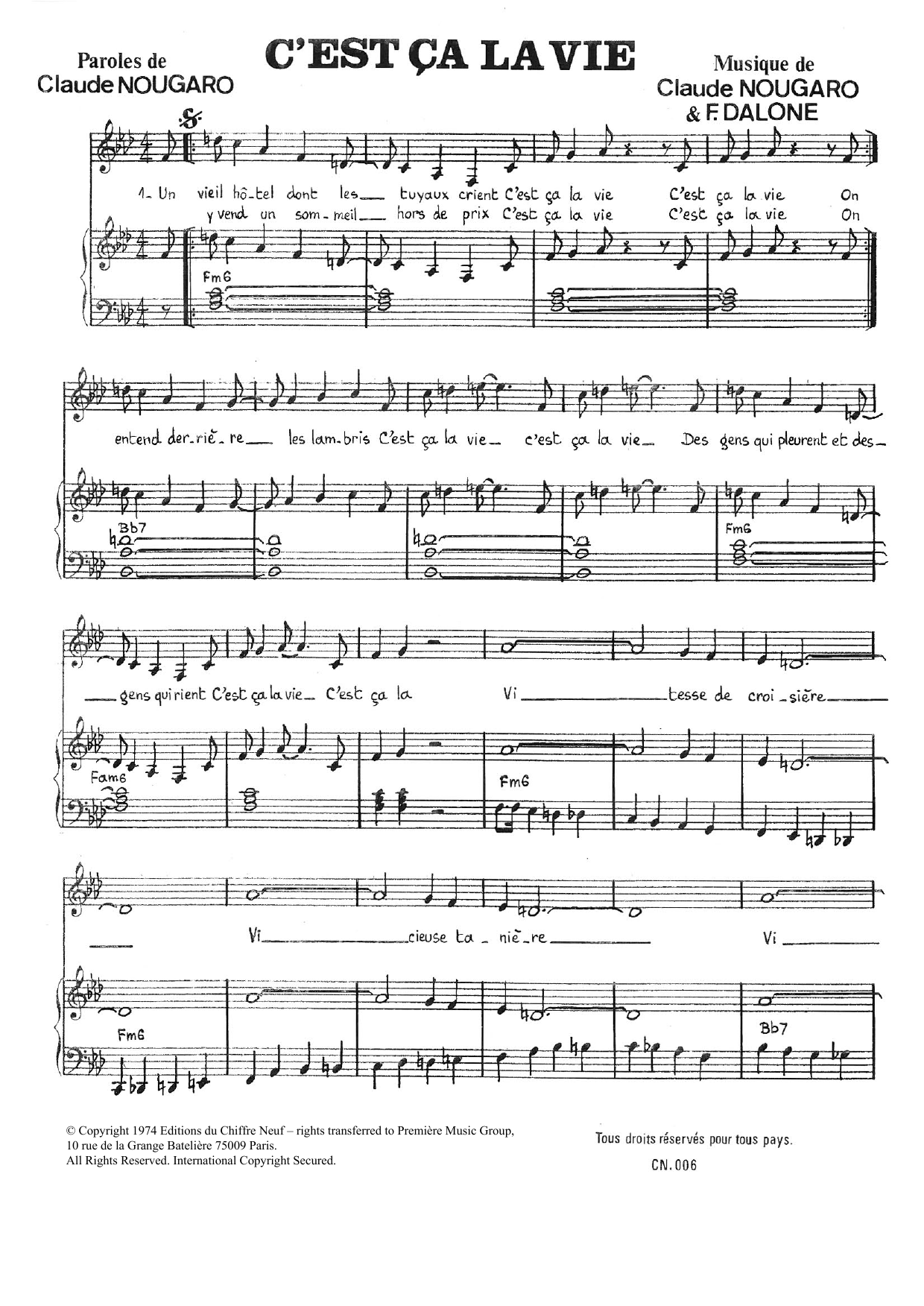 Claude Nougaro C'est Ca La Vie Sheet Music Notes & Chords for Piano & Vocal - Download or Print PDF