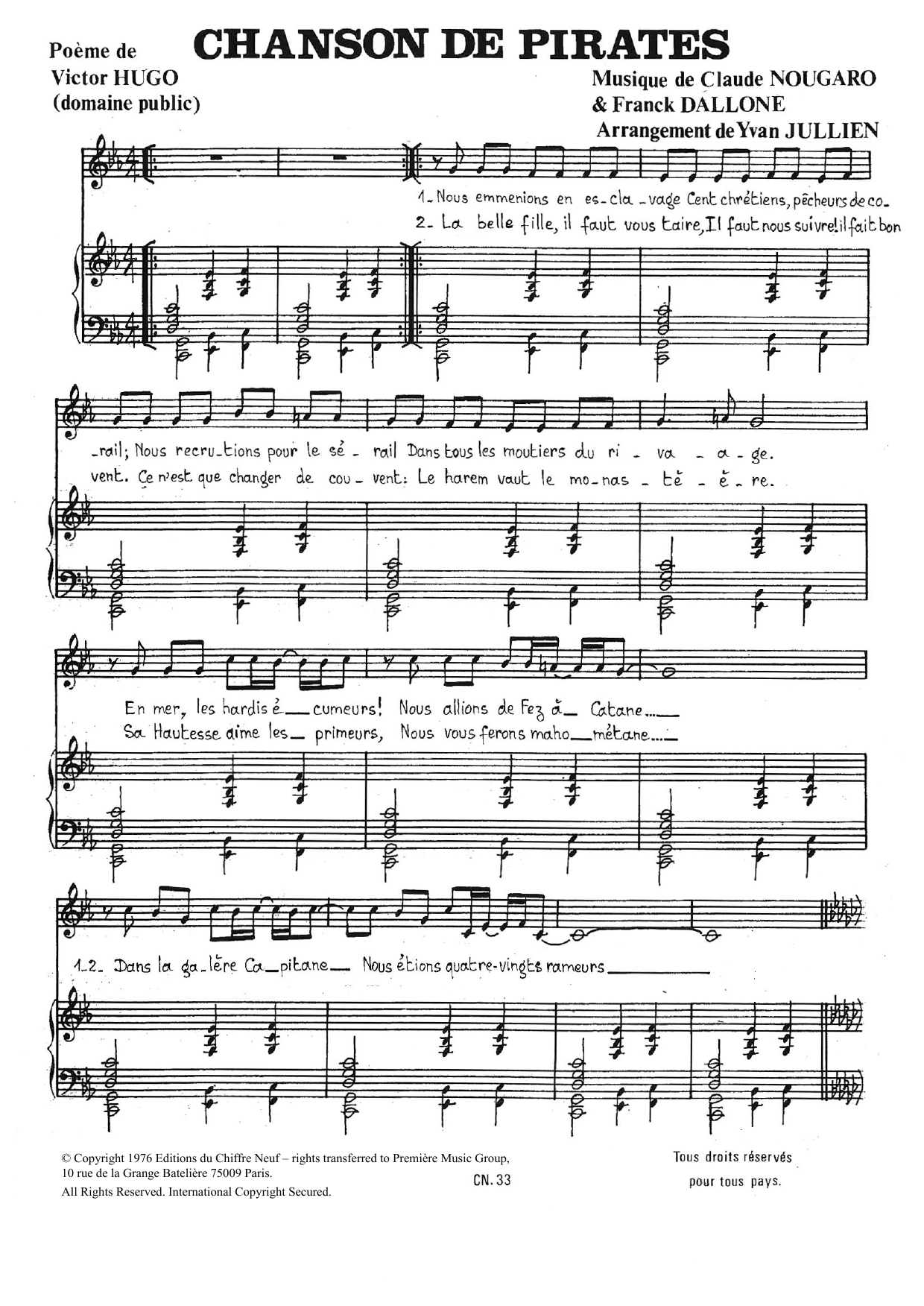Claude Nougaro Chanson De Pirates Sheet Music Notes & Chords for Piano & Vocal - Download or Print PDF