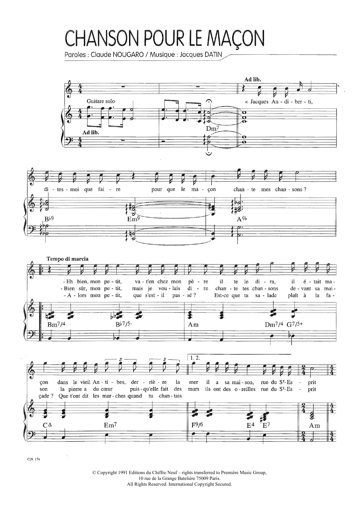 Claude Nougaro Chanson Pour Le Macon Sheet Music Notes & Chords for Piano & Vocal - Download or Print PDF