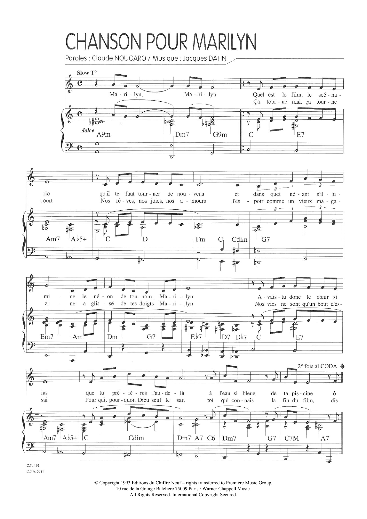 Claude Nougaro Chanson Pour Marilyn Sheet Music Notes & Chords for Piano & Vocal - Download or Print PDF