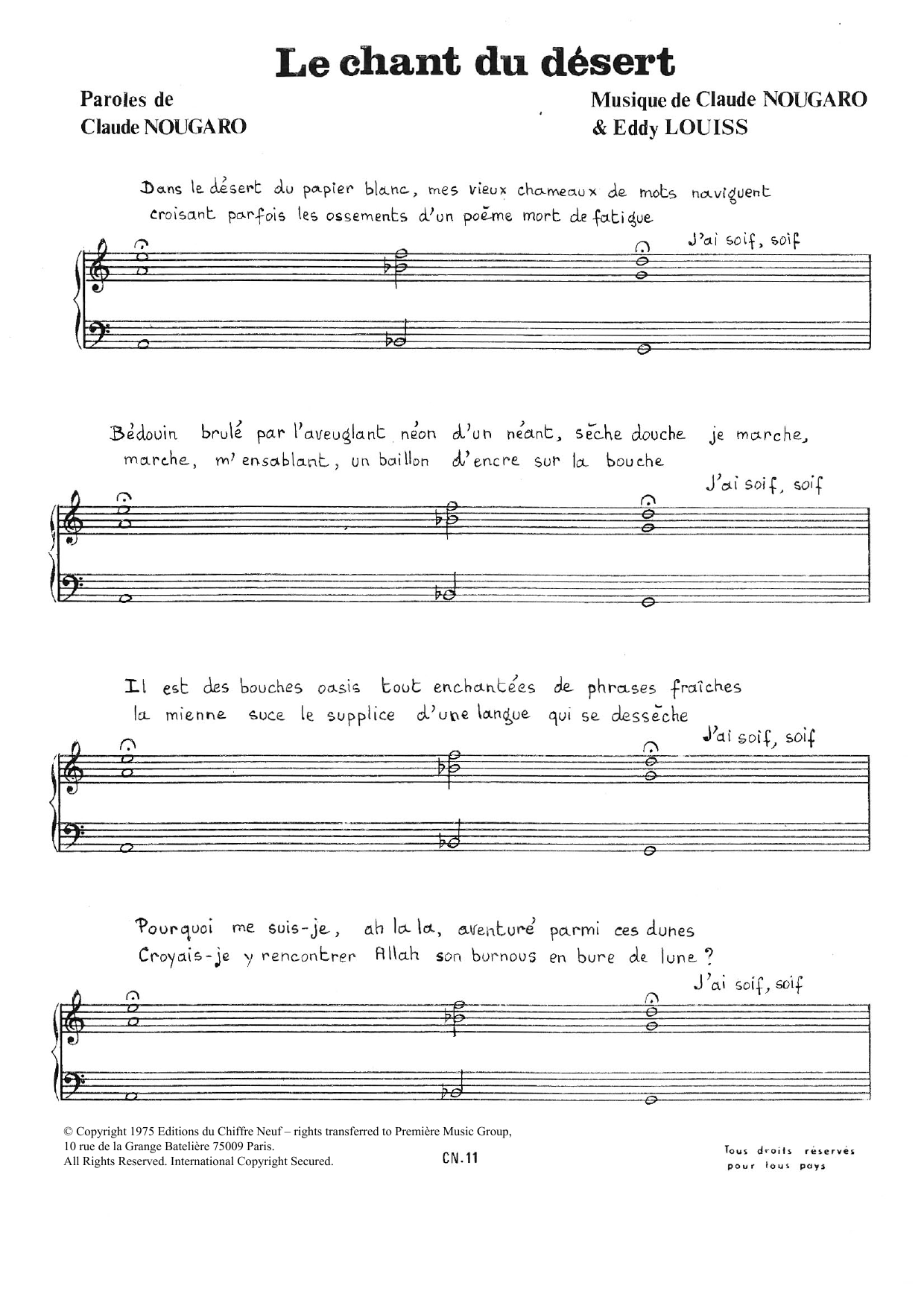 Claude Nougaro Chant Du Desert Sheet Music Notes & Chords for Piano & Vocal - Download or Print PDF