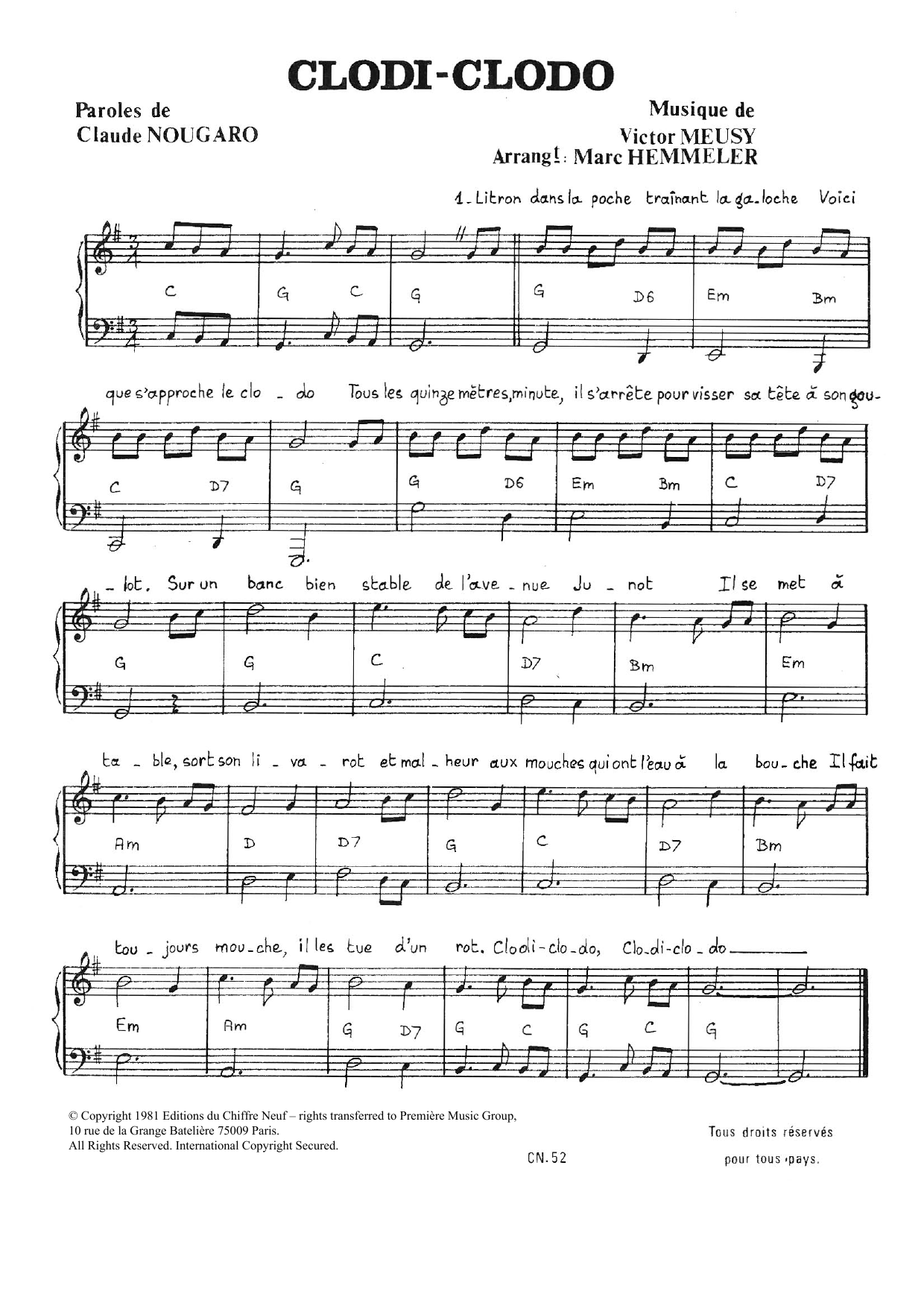 Claude Nougaro Clodi Clodo Sheet Music Notes & Chords for Piano & Vocal - Download or Print PDF