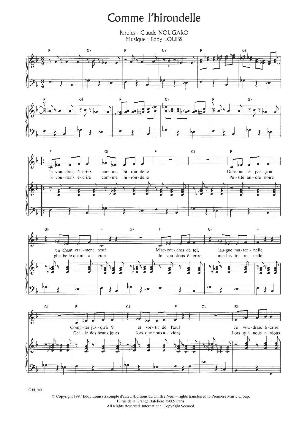 Claude Nougaro Comme L'hirondelle Sheet Music Notes & Chords for Piano & Vocal - Download or Print PDF