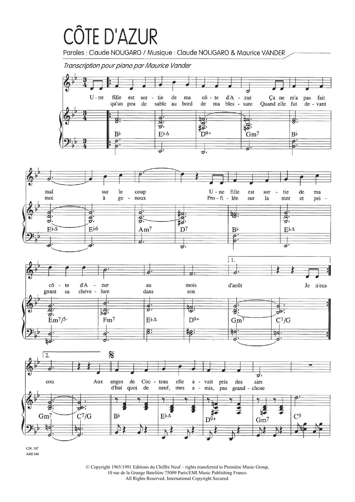 Claude Nougaro Cote D'azur Sheet Music Notes & Chords for Piano & Vocal - Download or Print PDF