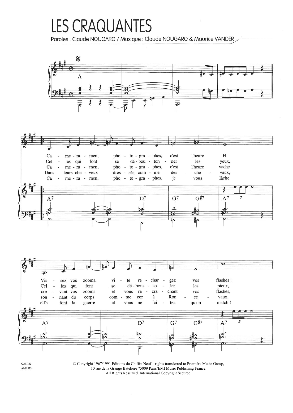 Claude Nougaro Craquantes Sheet Music Notes & Chords for Piano & Vocal - Download or Print PDF