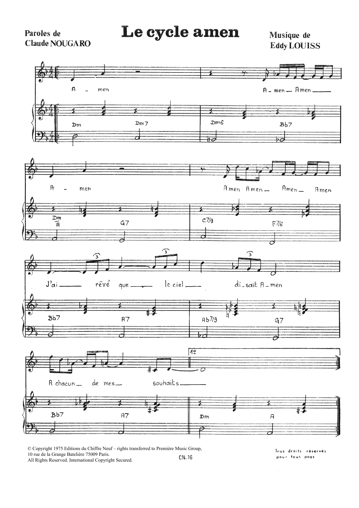 Claude Nougaro Cycle Amen Sheet Music Notes & Chords for Piano & Vocal - Download or Print PDF