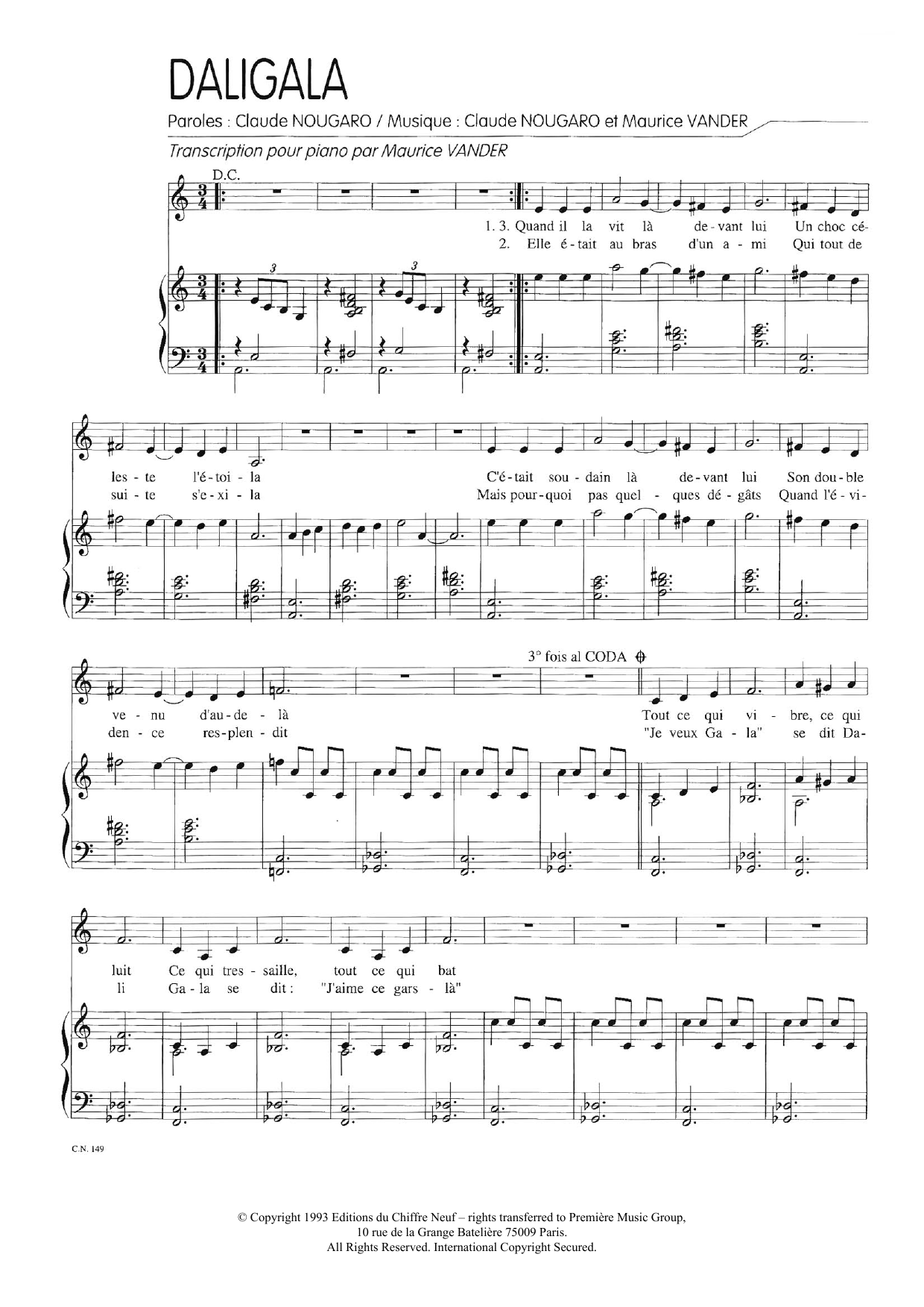 Claude Nougaro Daligala Sheet Music Notes & Chords for Piano & Vocal - Download or Print PDF