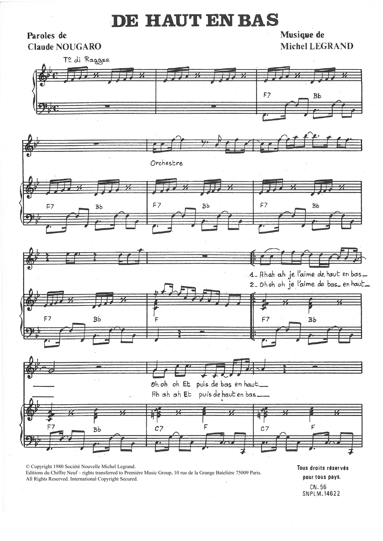 Claude Nougaro De Haut En Bas Sheet Music Notes & Chords for Piano & Vocal - Download or Print PDF