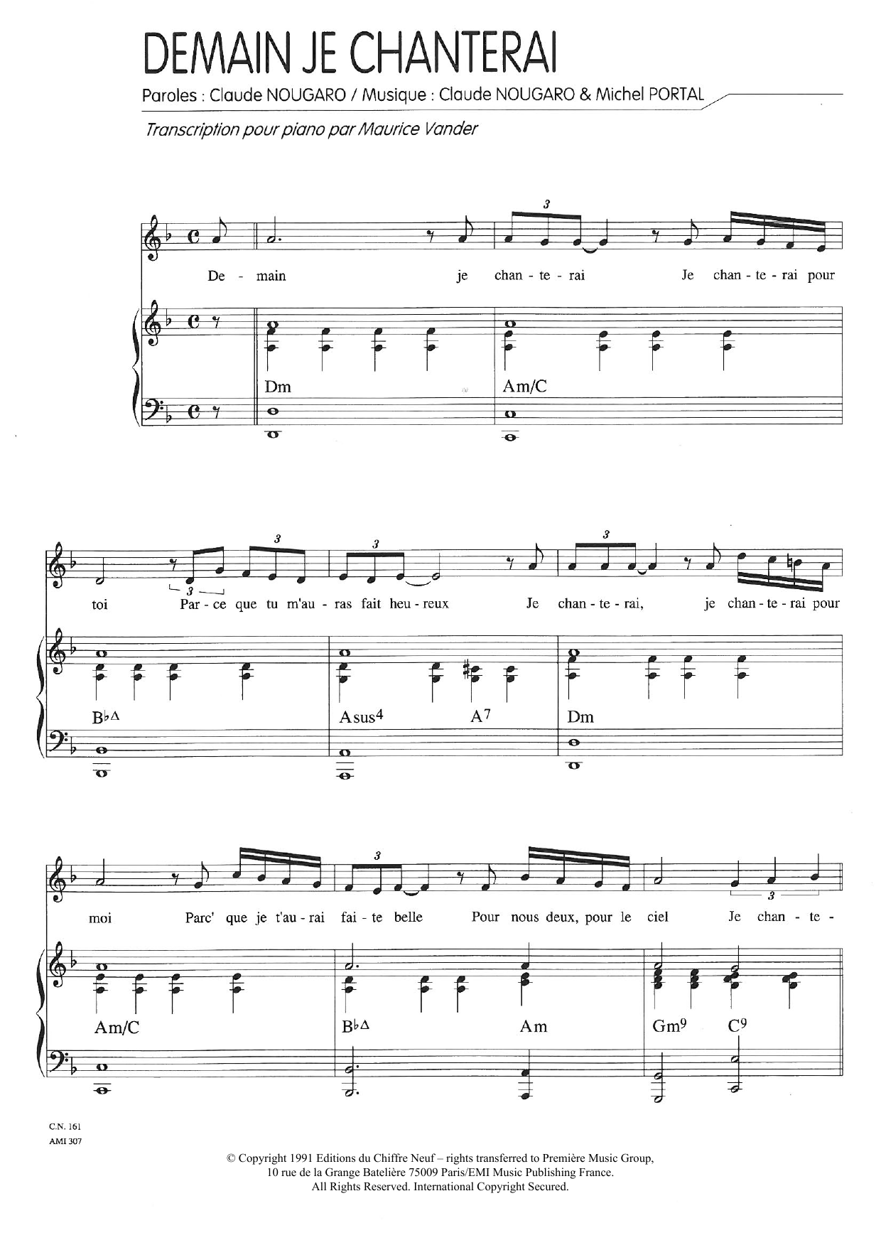 Claude Nougaro Demain Je Chanterai Sheet Music Notes & Chords for Piano & Vocal - Download or Print PDF