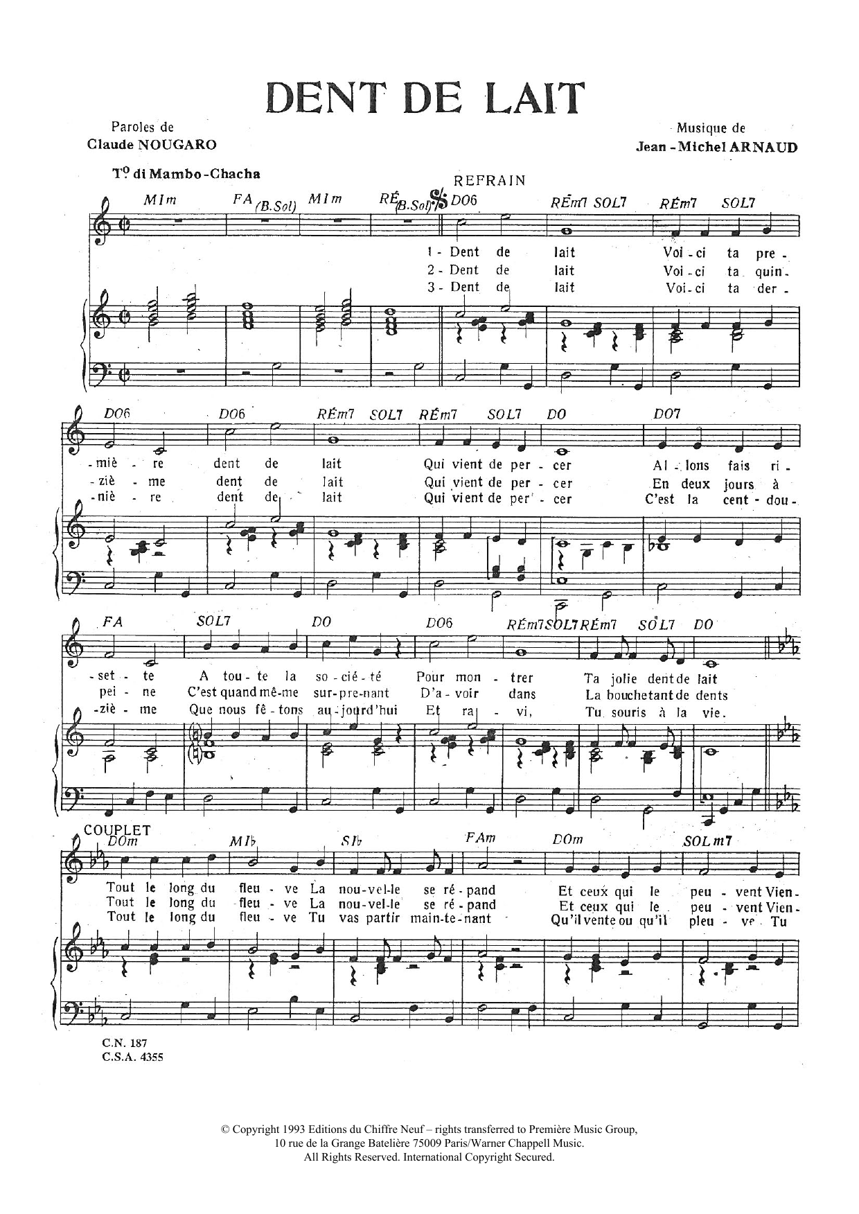 Claude Nougaro Dent De Lait Sheet Music Notes & Chords for Piano & Vocal - Download or Print PDF