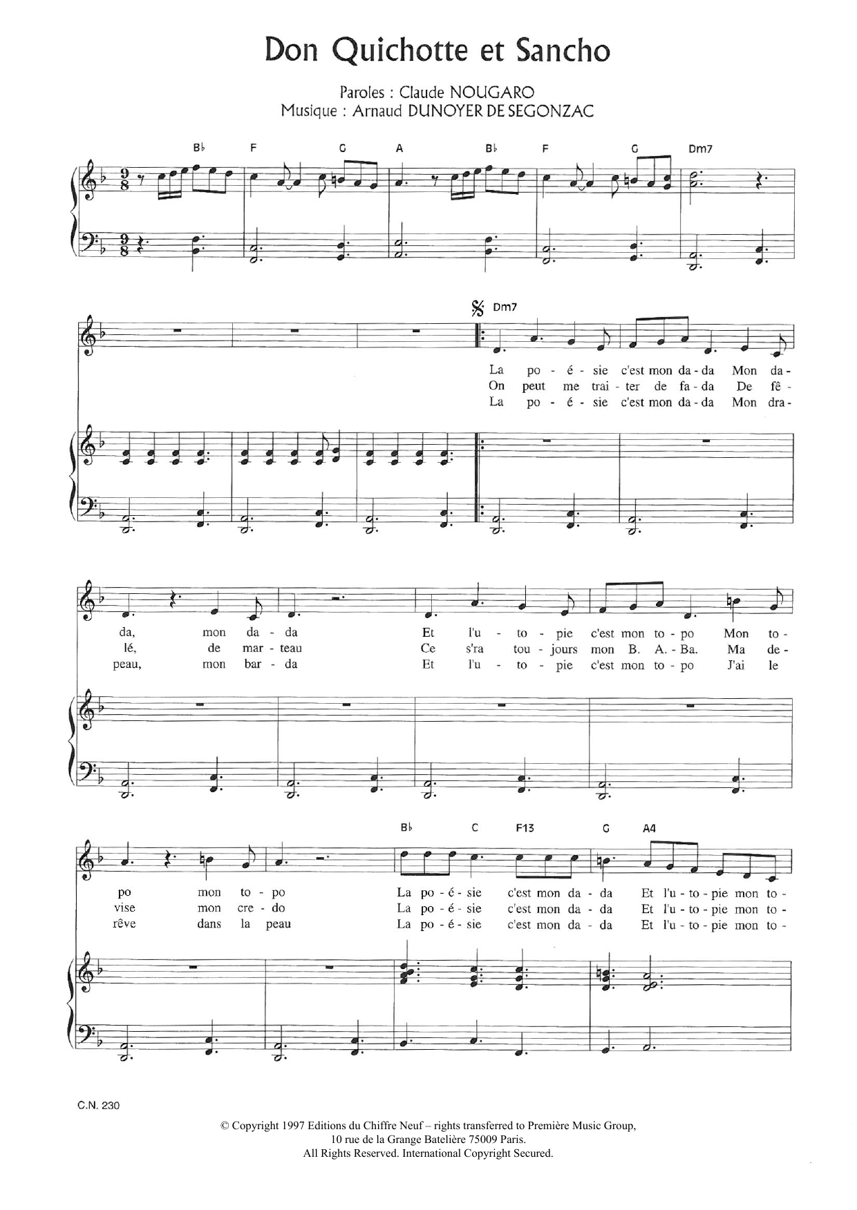 Claude Nougaro Don Quichotte Et Sancho Sheet Music Notes & Chords for Piano & Vocal - Download or Print PDF