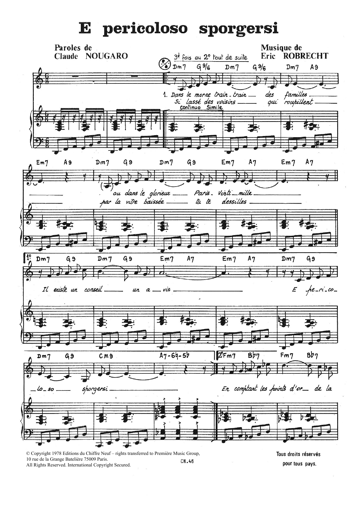 Claude Nougaro E Pericoloso Sporgersi Sheet Music Notes & Chords for Piano & Vocal - Download or Print PDF