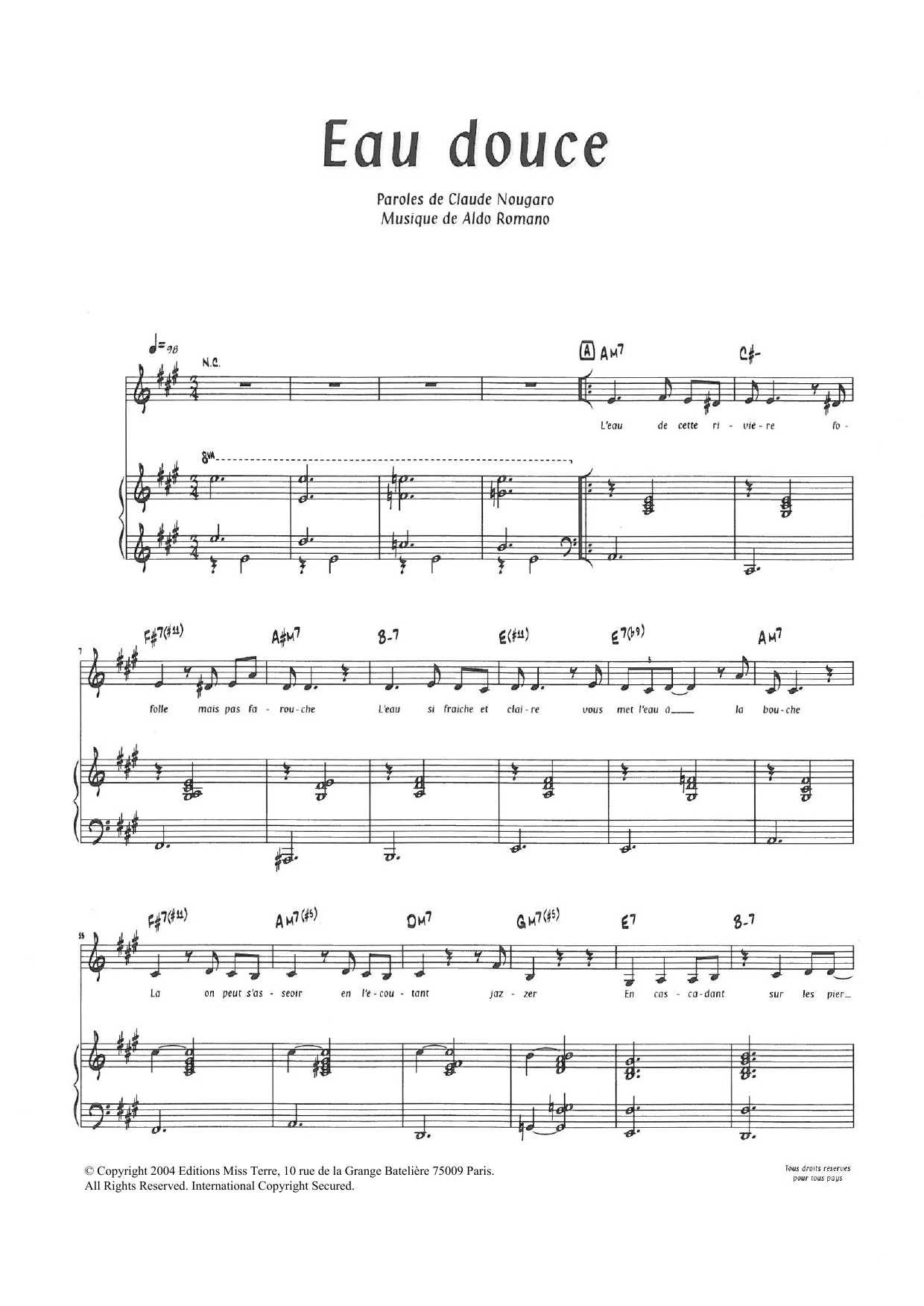 Claude Nougaro Eau Douce Sheet Music Notes & Chords for Piano & Vocal - Download or Print PDF