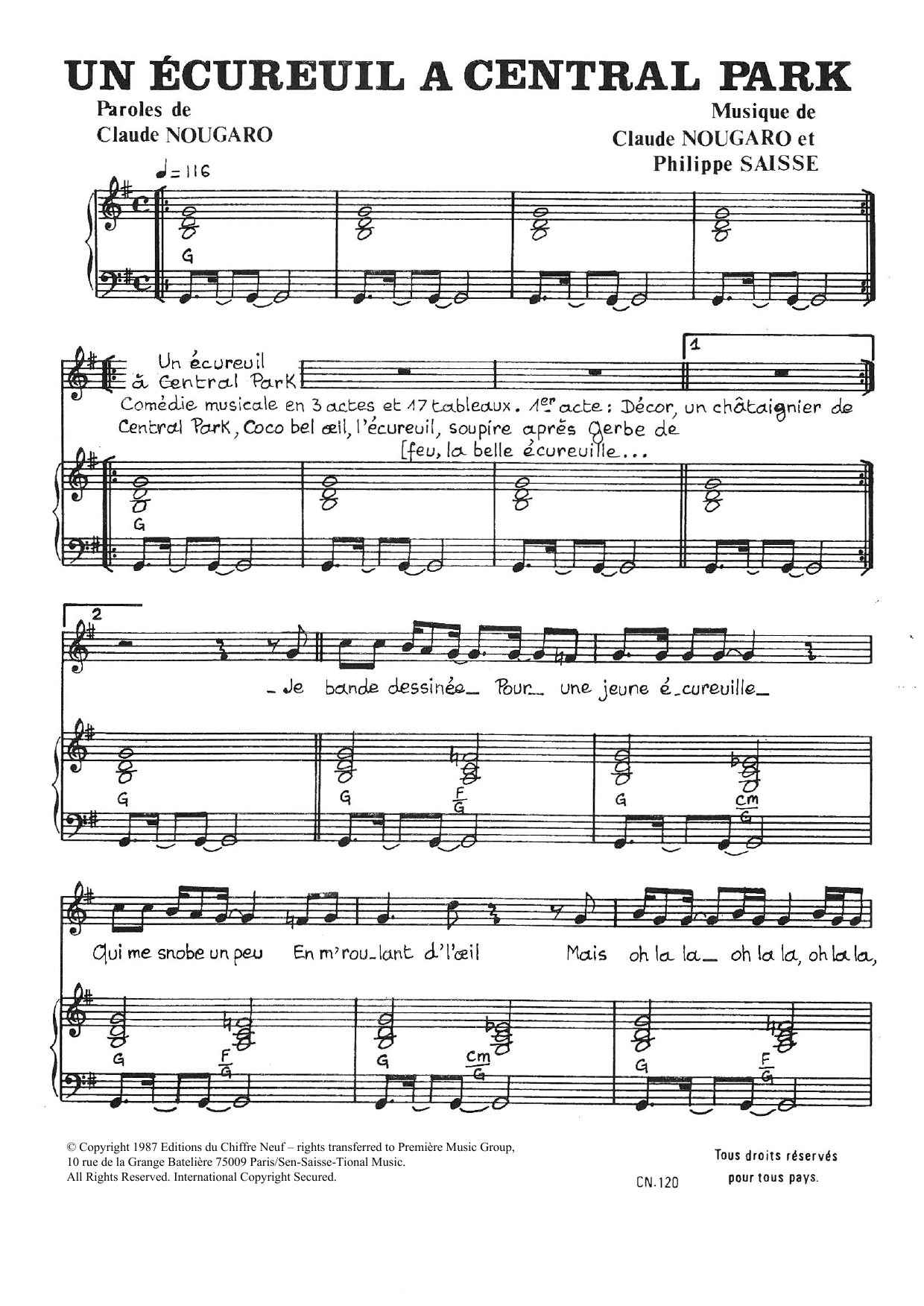 Claude Nougaro Ecureuil A Central Park Sheet Music Notes & Chords for Piano & Vocal - Download or Print PDF