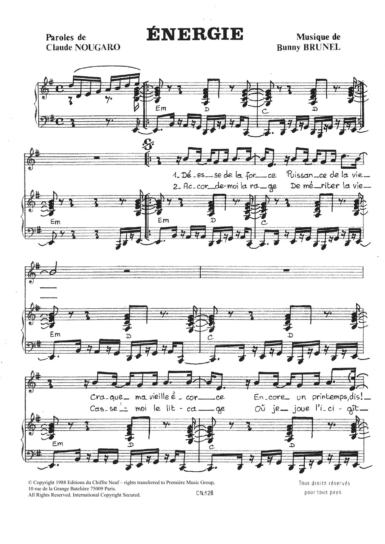 Claude Nougaro Energie Sheet Music Notes & Chords for Piano & Vocal - Download or Print PDF