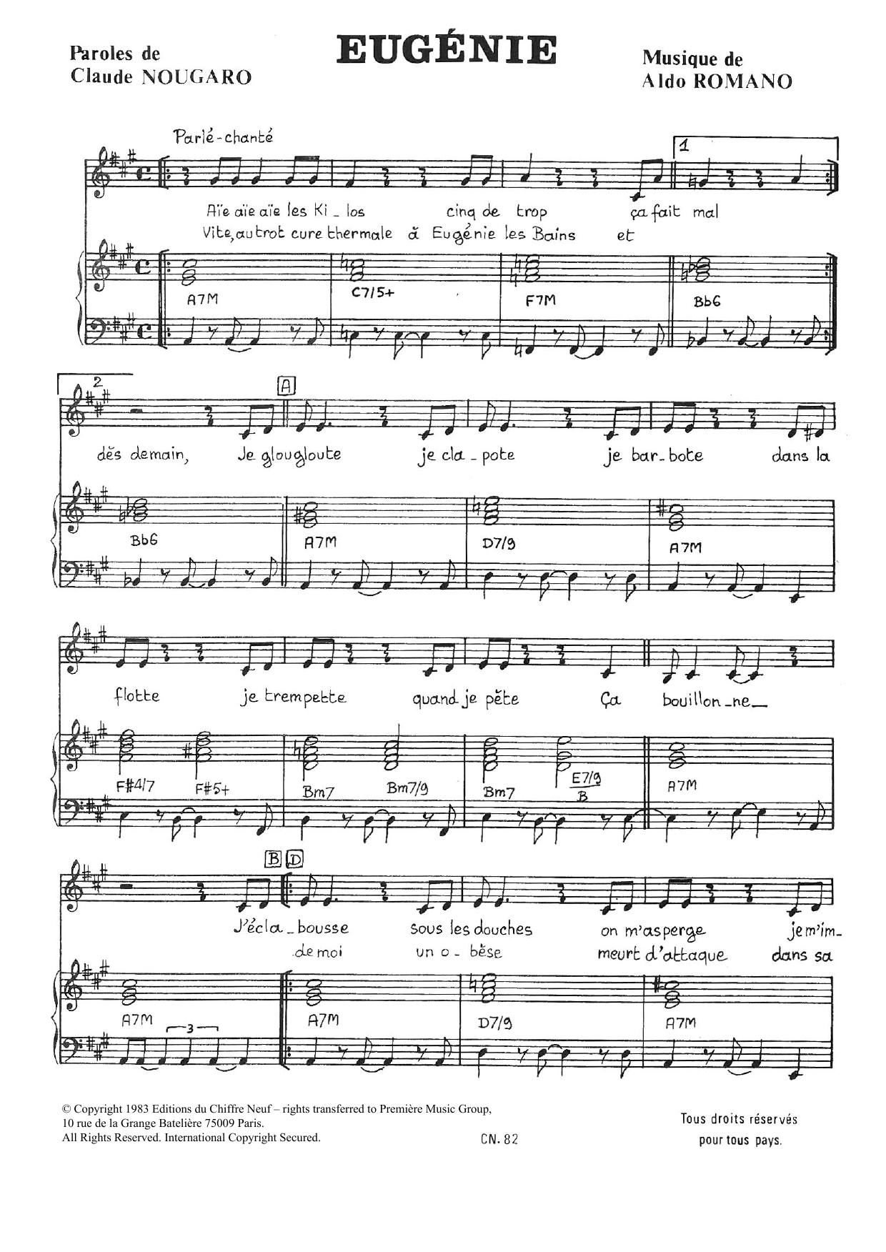 Claude Nougaro Eugenie Sheet Music Notes & Chords for Piano & Vocal - Download or Print PDF