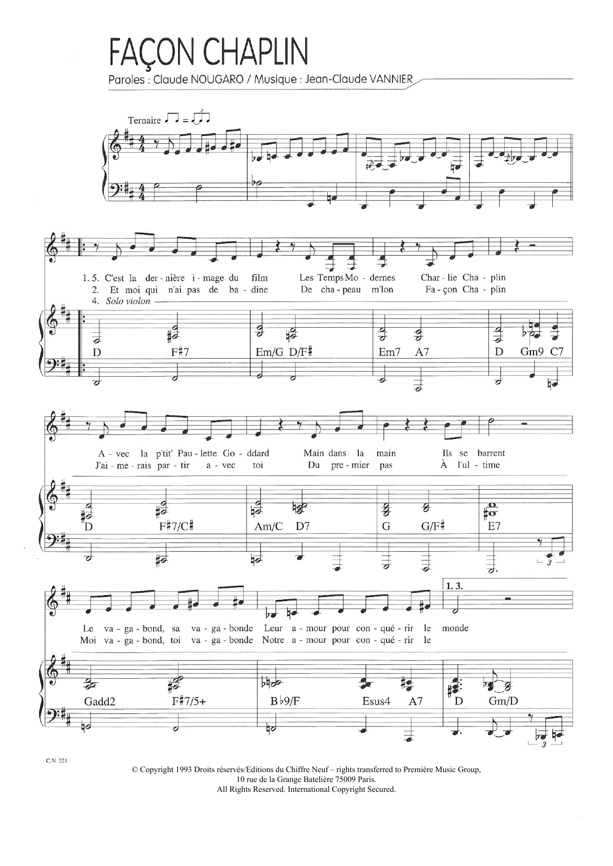 Claude Nougaro Facon Chaplin Sheet Music Notes & Chords for Piano & Vocal - Download or Print PDF