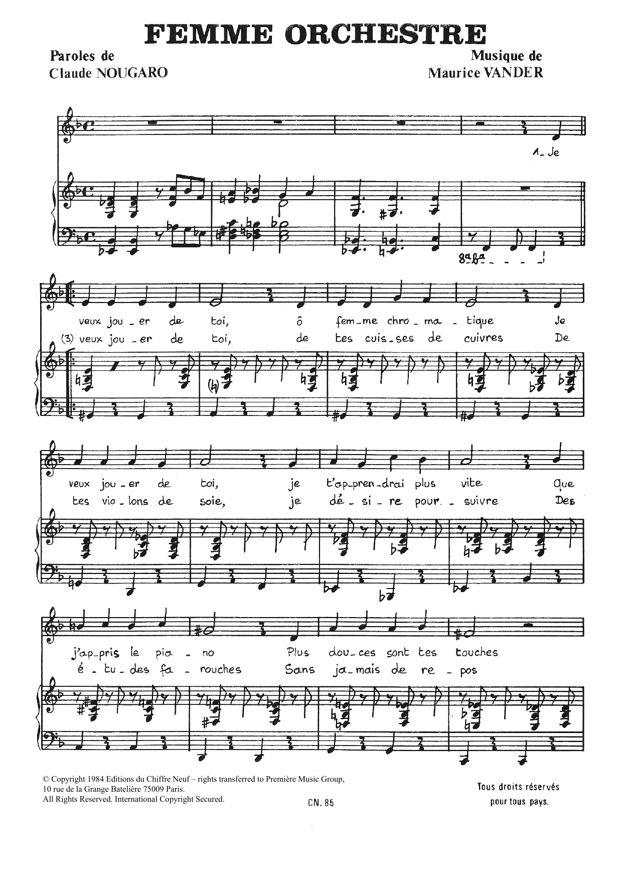 Claude Nougaro Femme Orchestre Sheet Music Notes & Chords for Piano & Vocal - Download or Print PDF