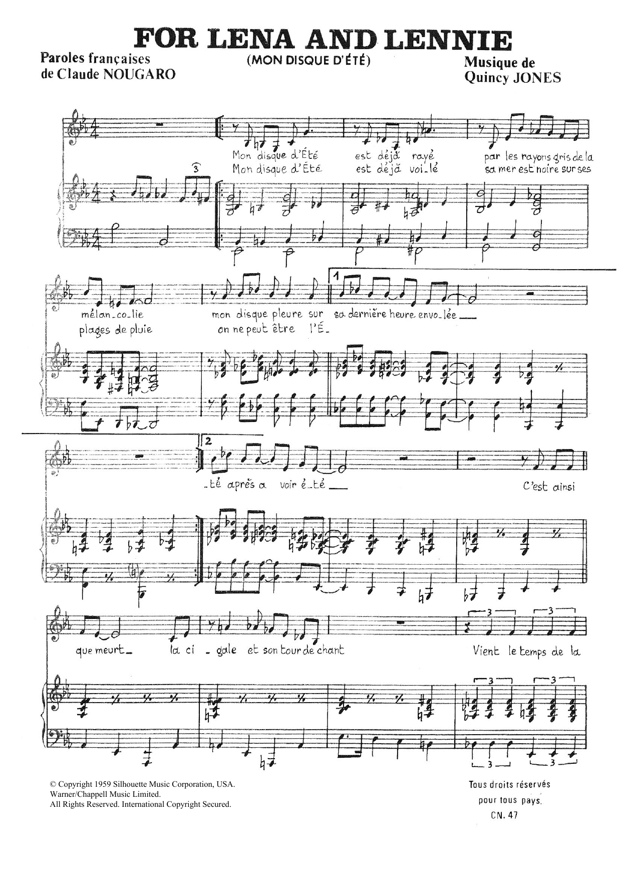 Claude Nougaro For Lena And Lennie Sheet Music Notes & Chords for Piano & Vocal - Download or Print PDF