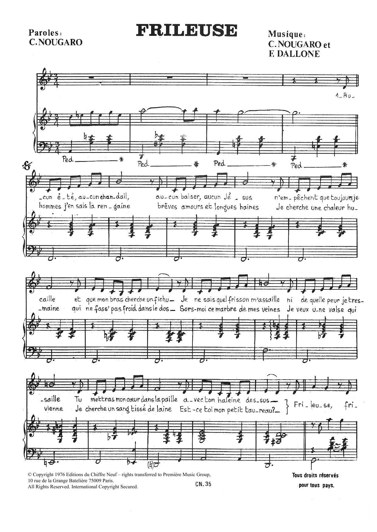 Claude Nougaro Frileuse Sheet Music Notes & Chords for Piano & Vocal - Download or Print PDF