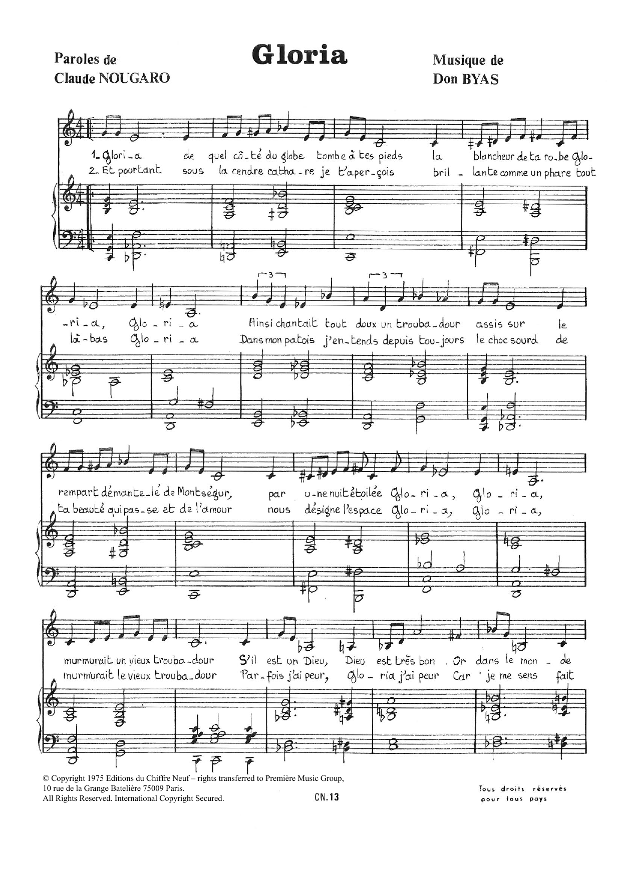 Claude Nougaro Gloria Sheet Music Notes & Chords for Piano & Vocal - Download or Print PDF