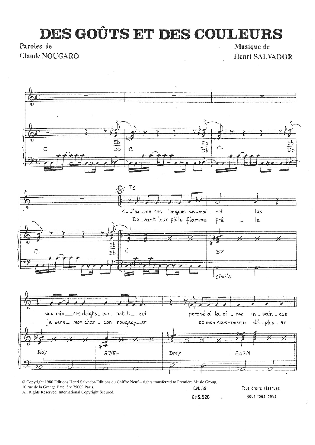 Claude Nougaro Gouts Et Des Couleurs Sheet Music Notes & Chords for Piano & Vocal - Download or Print PDF