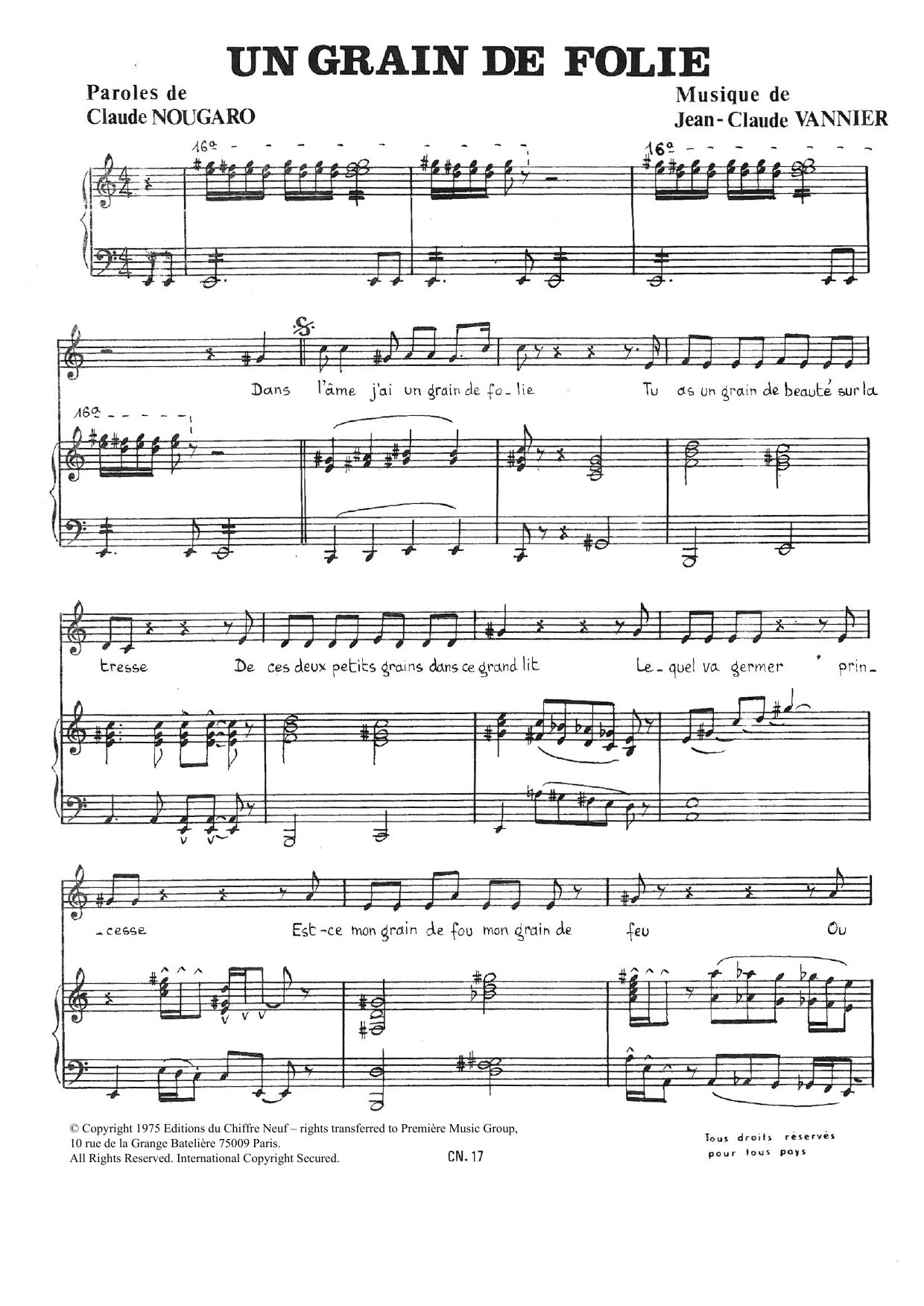 Claude Nougaro Grain De Folie Sheet Music Notes & Chords for Piano & Vocal - Download or Print PDF