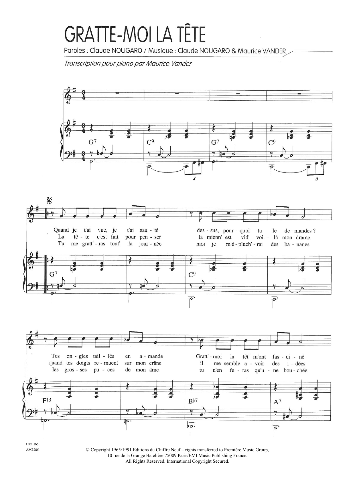 Claude Nougaro Gratte Moi La Tete Sheet Music Notes & Chords for Piano & Vocal - Download or Print PDF