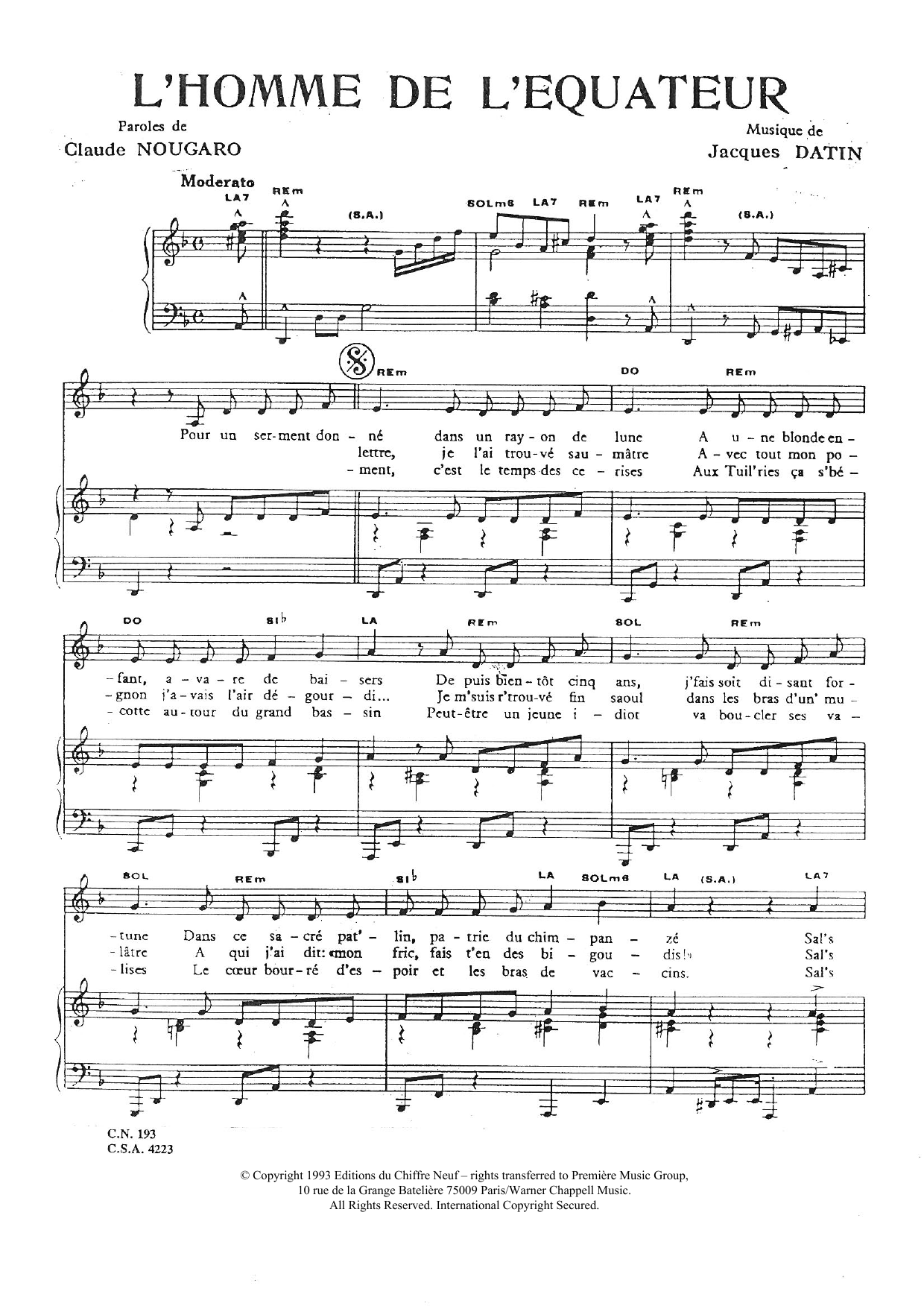 Claude Nougaro Homme De L'equateur Sheet Music Notes & Chords for Piano & Vocal - Download or Print PDF