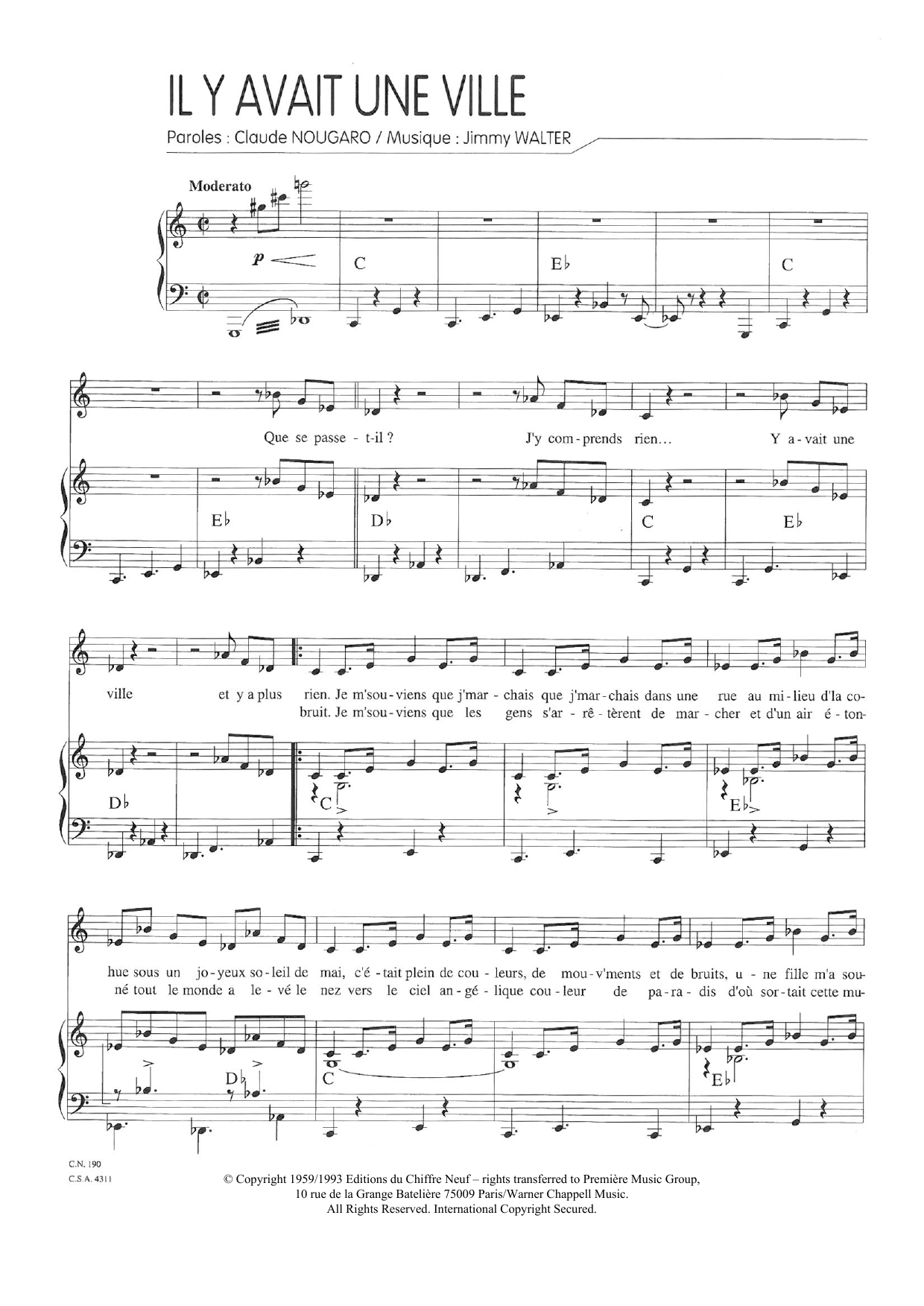 Claude Nougaro Il Y Avait Une Ville Sheet Music Notes & Chords for Piano & Vocal - Download or Print PDF
