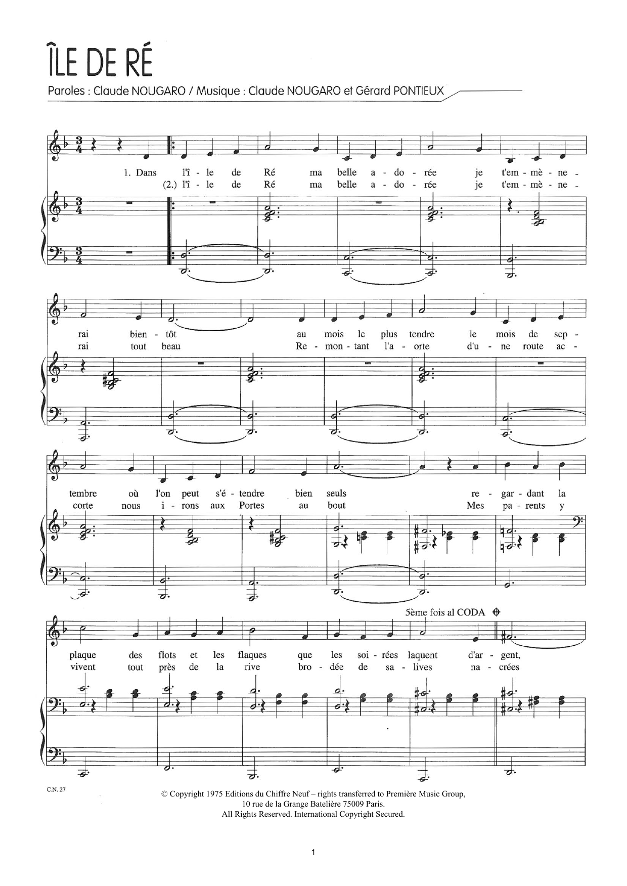 Claude Nougaro Ile De Re Sheet Music Notes & Chords for Piano & Vocal - Download or Print PDF