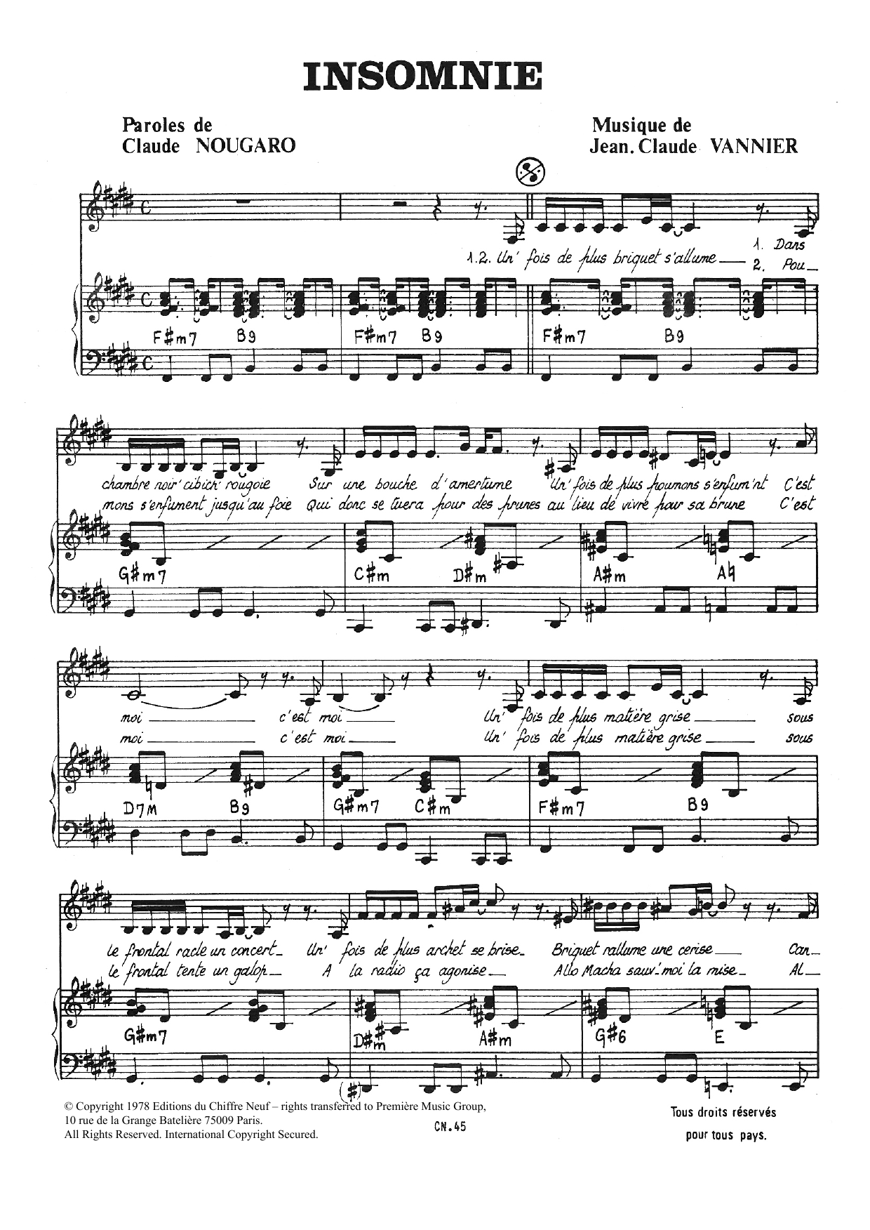 Claude Nougaro Insomnie Sheet Music Notes & Chords for Piano & Vocal - Download or Print PDF