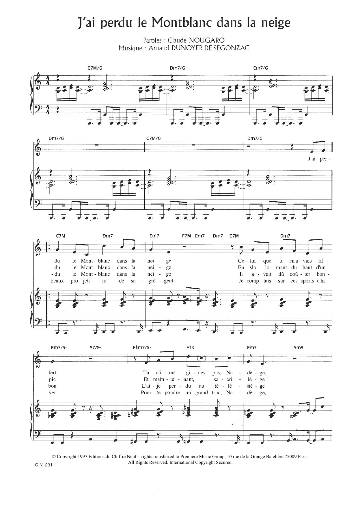 Claude Nougaro J'ai Perdu Le Montblanc Dans La Neige Sheet Music Notes & Chords for Piano & Vocal - Download or Print PDF