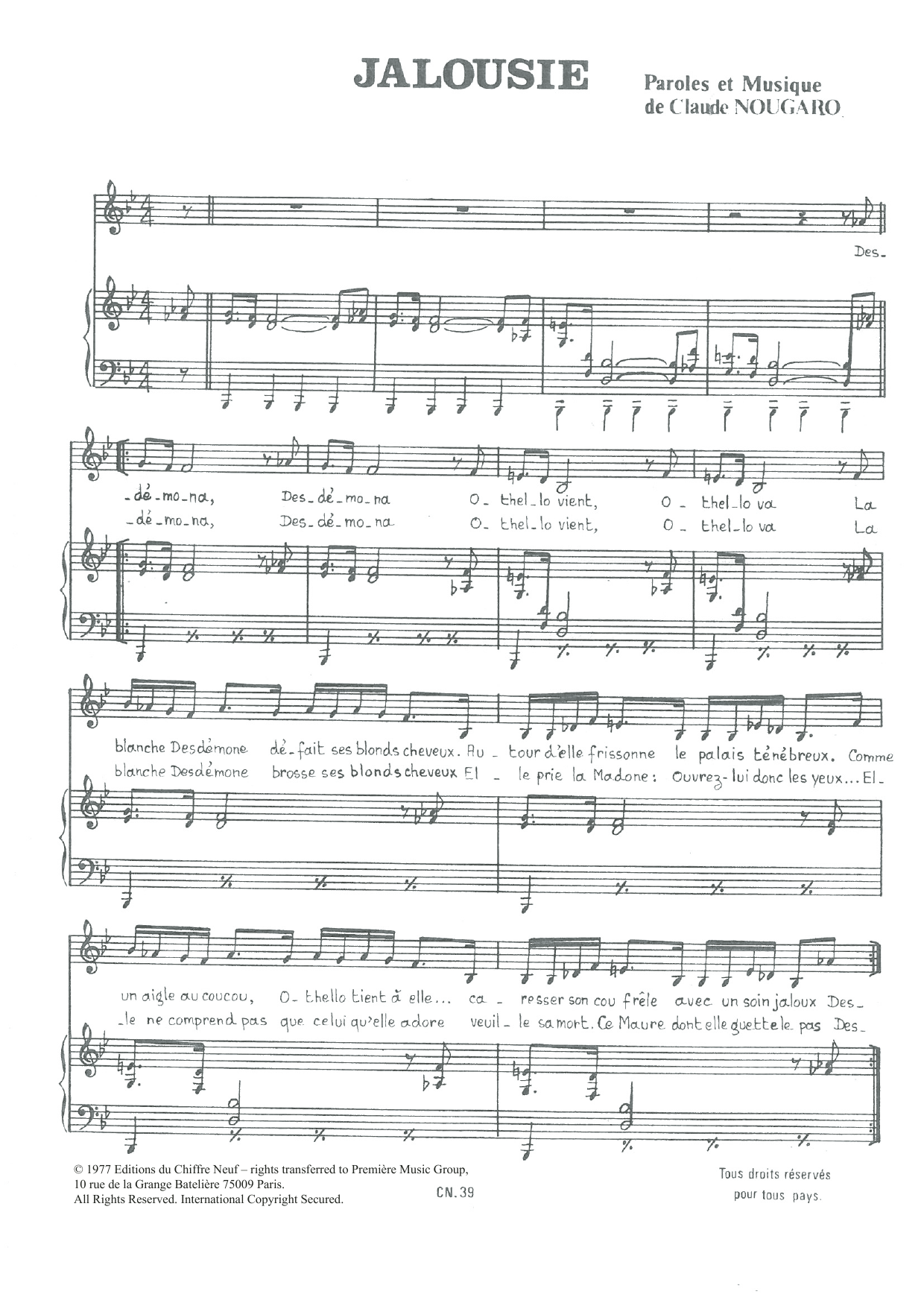 Claude Nougaro Jalousie Sheet Music Notes & Chords for Piano & Vocal - Download or Print PDF