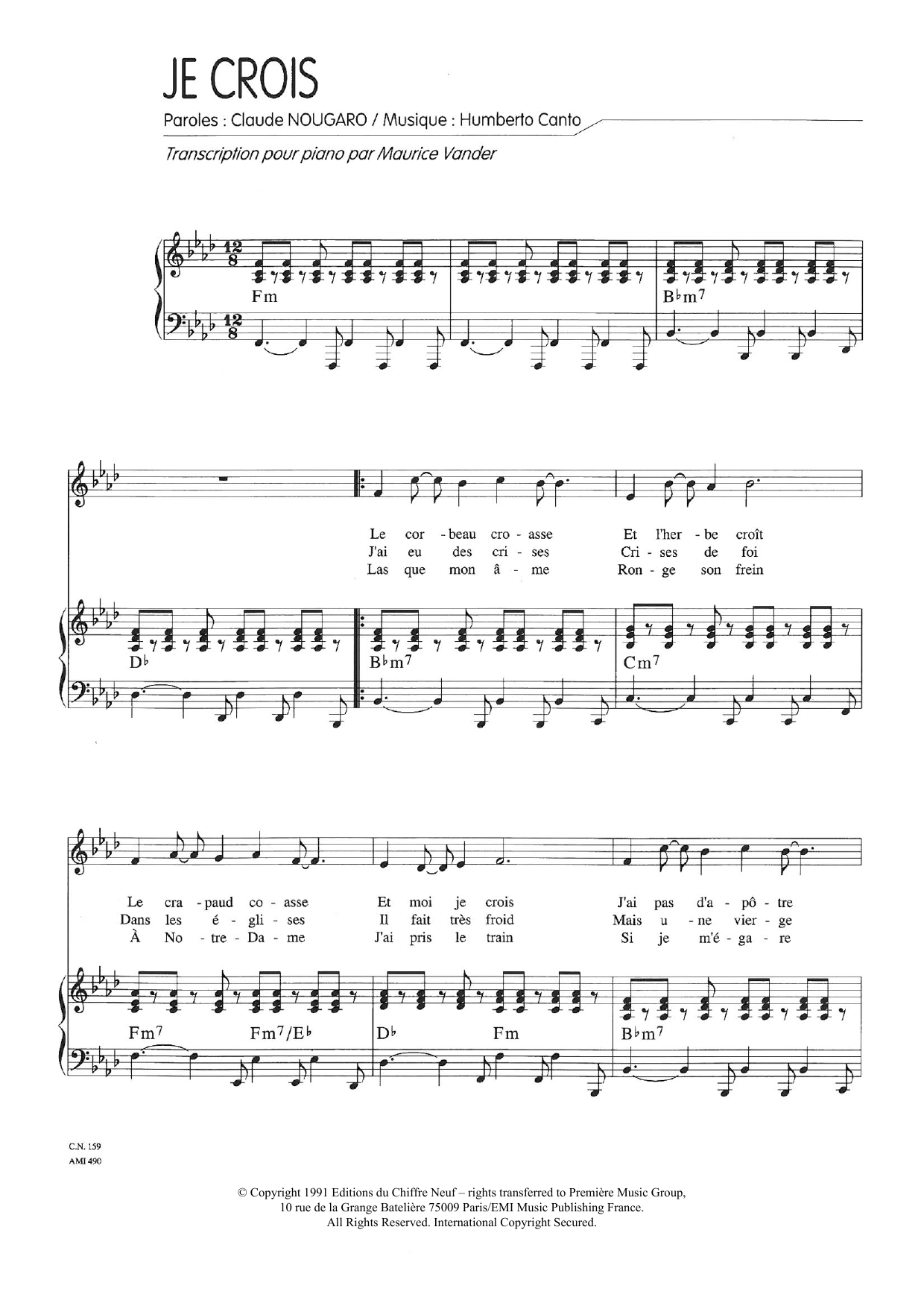 Claude Nougaro Je Crois (Imploracion Negra) Sheet Music Notes & Chords for Piano & Vocal - Download or Print PDF