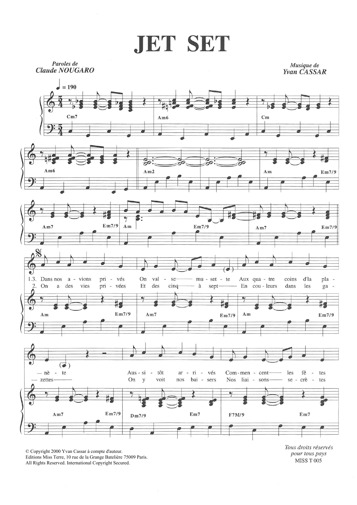 Claude Nougaro Jet Set Sheet Music Notes & Chords for Piano & Vocal - Download or Print PDF